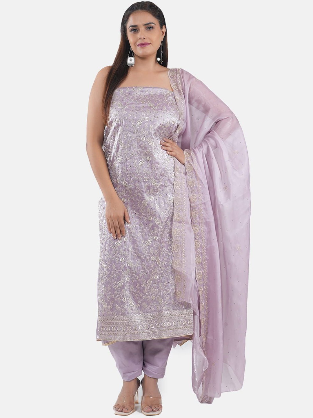 

MOZAFIA Floral Embellished Zari Art Silk Unstitched Dress Material, Purple
