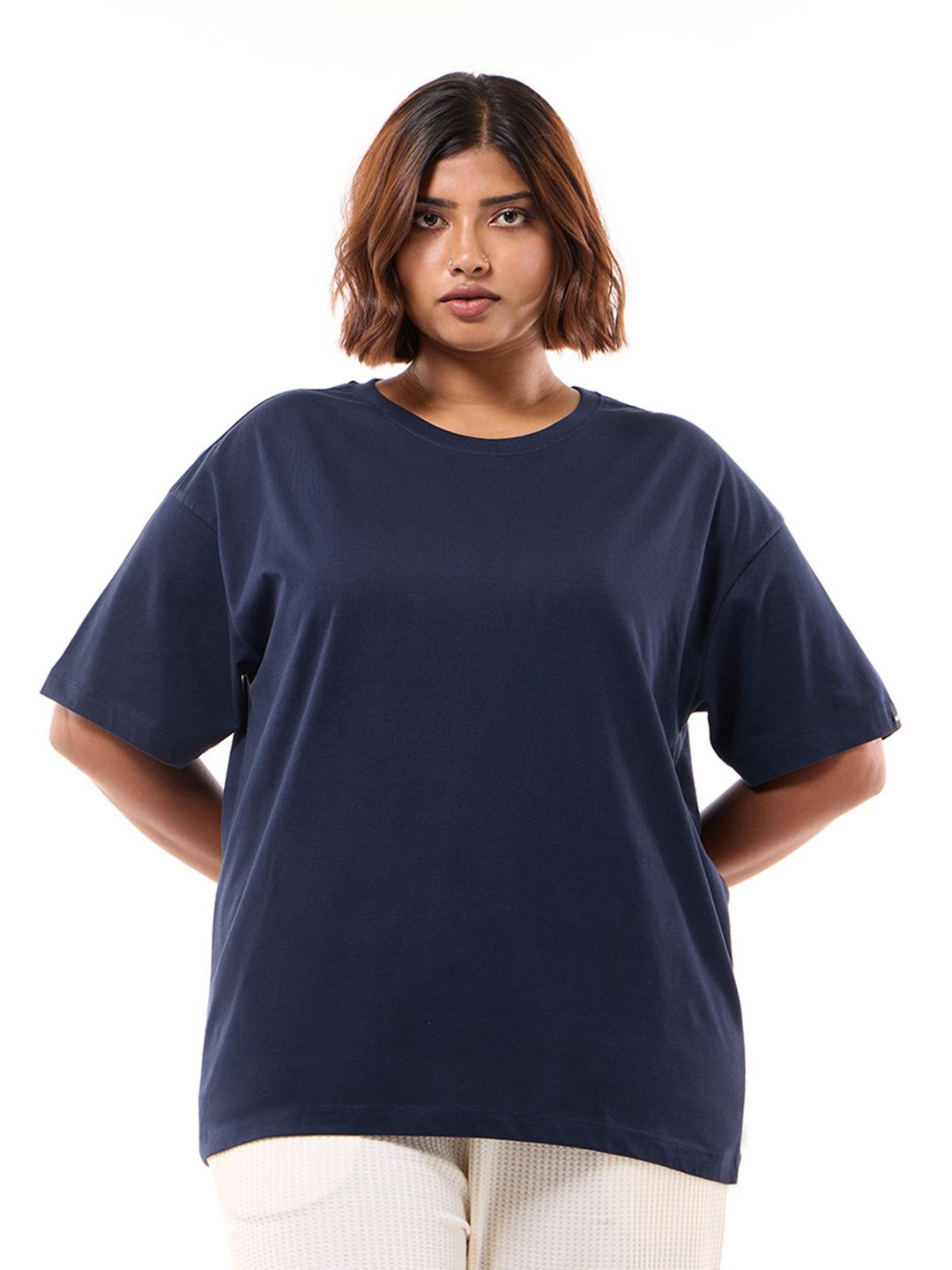 

Bewakoof Plus Women Drop-Shoulder Sleeves Pure Cotton T-shirt, Blue