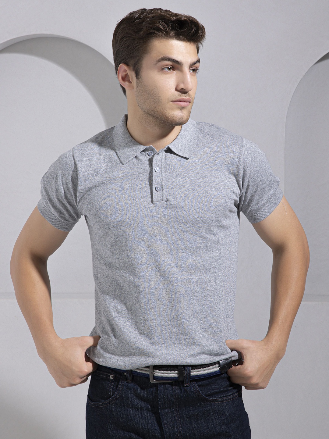 

The Tie Hub Men Solid Cotton Polo T-shirt, Grey