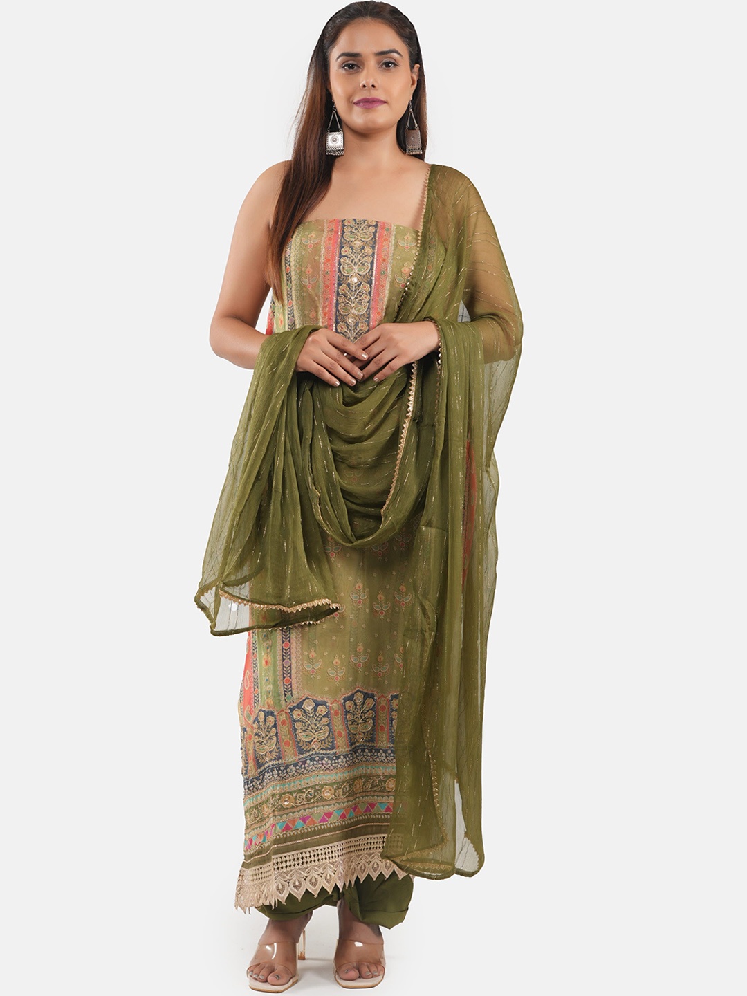 

MOZAFIA Paisley Embroidered Gotta Patti Organza Unstitched Dress Material, Green