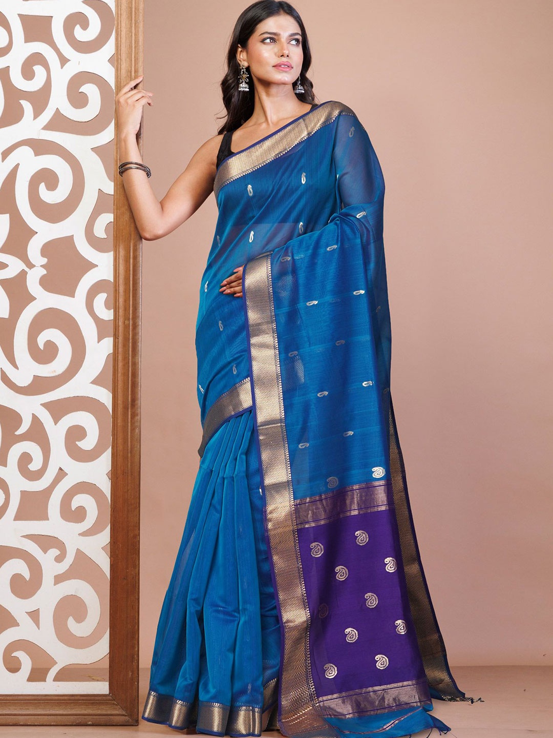 

Unnati Silks Woven Design Zari Maheshwari Saree, Blue