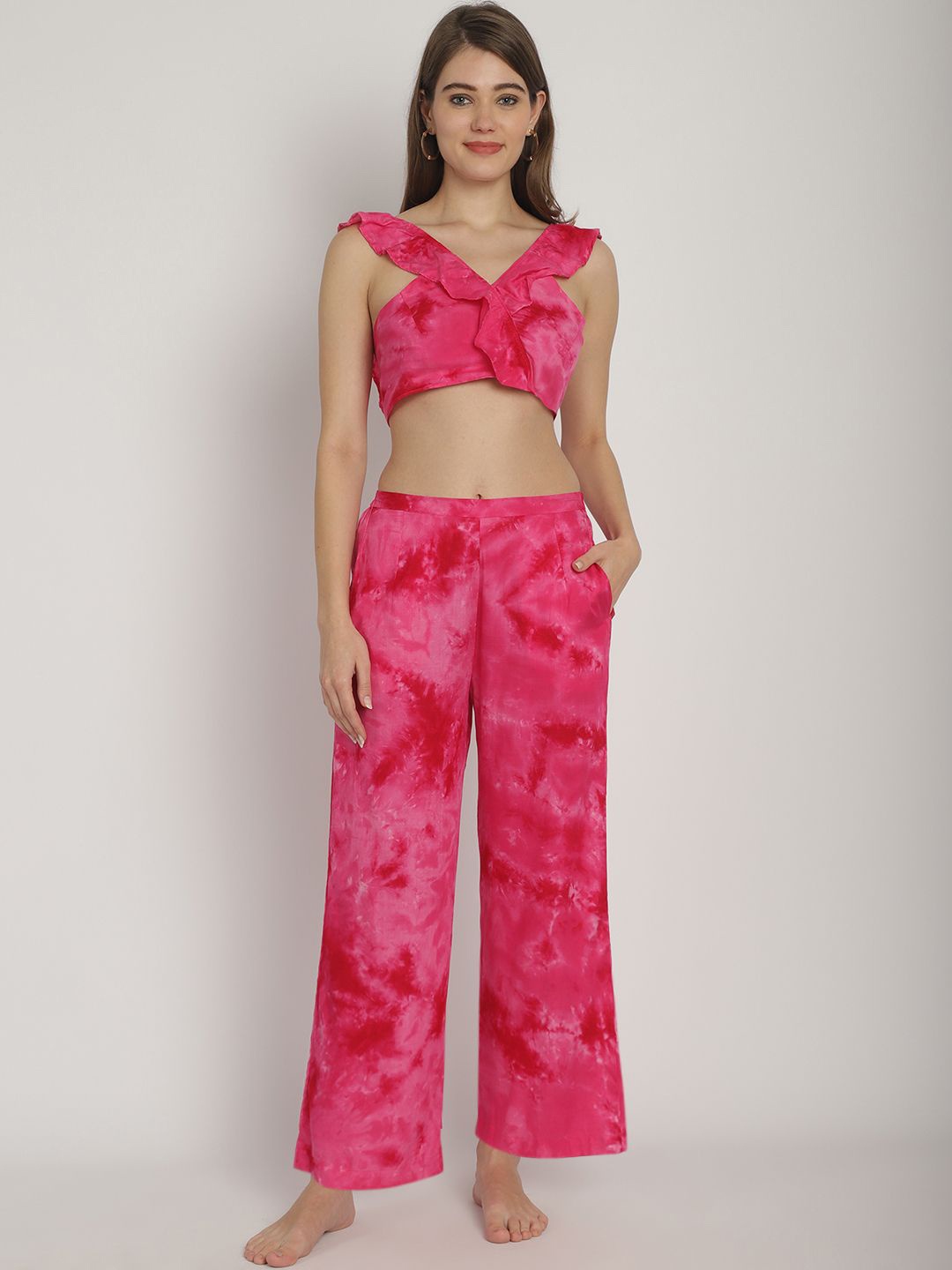 

Blissence Tie & Dye Printed V Neck Frill Swimwear Top & Trouser, Pink