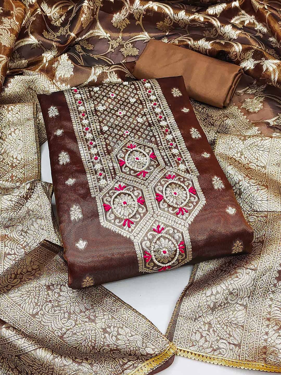 

Maroosh Ethnic Motifs Woven Design Thread Work Unstitched Dress Material, Brown