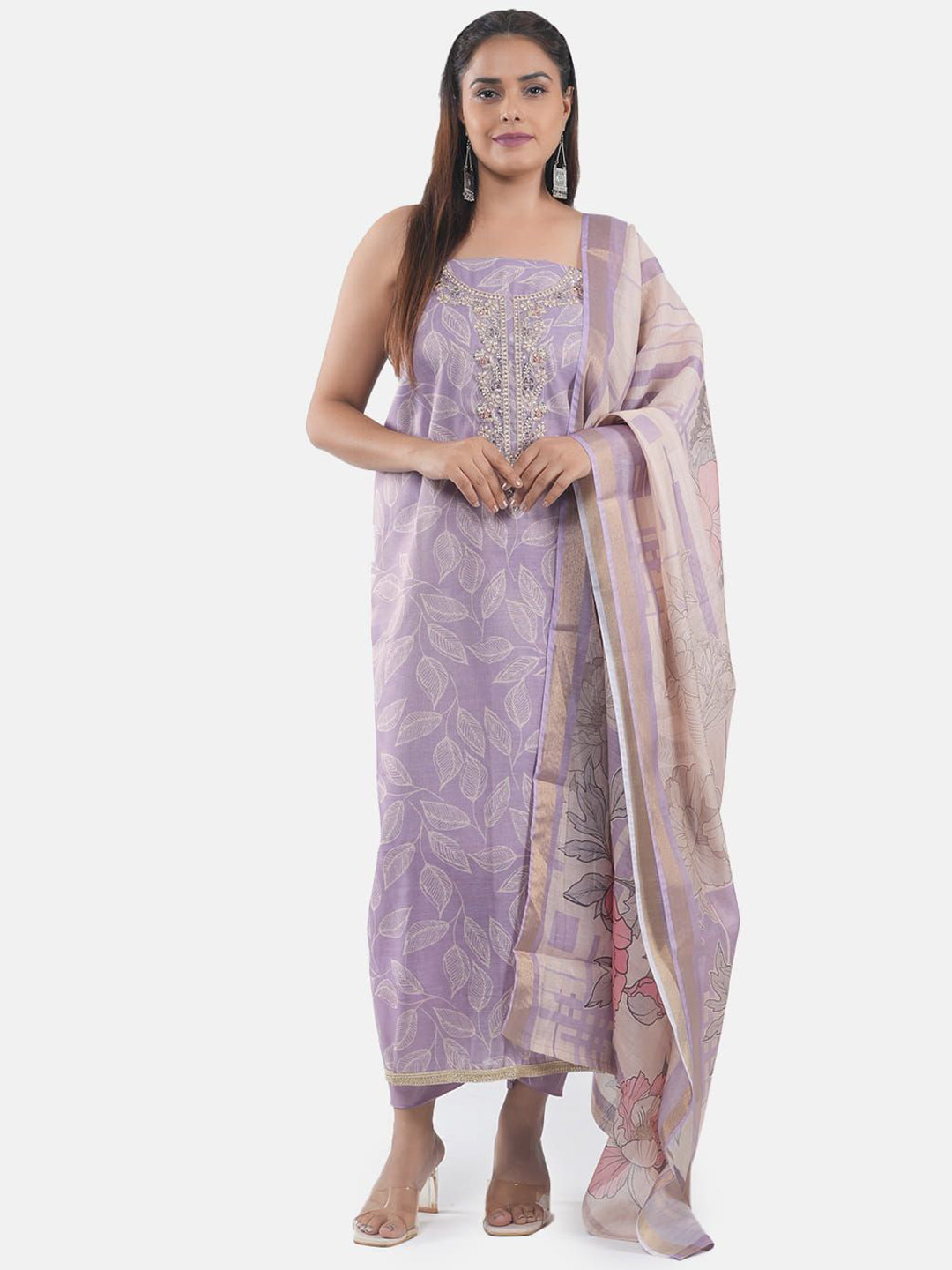 

MOZAFIA Premium Floral Embroidered Zari Unstitched Dress Material, Purple