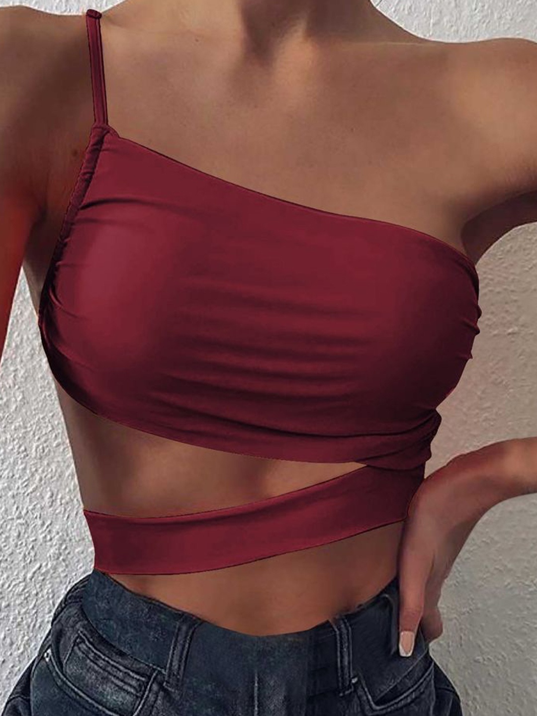 

LULU & SKY One Shoulder Crop Top, Burgundy