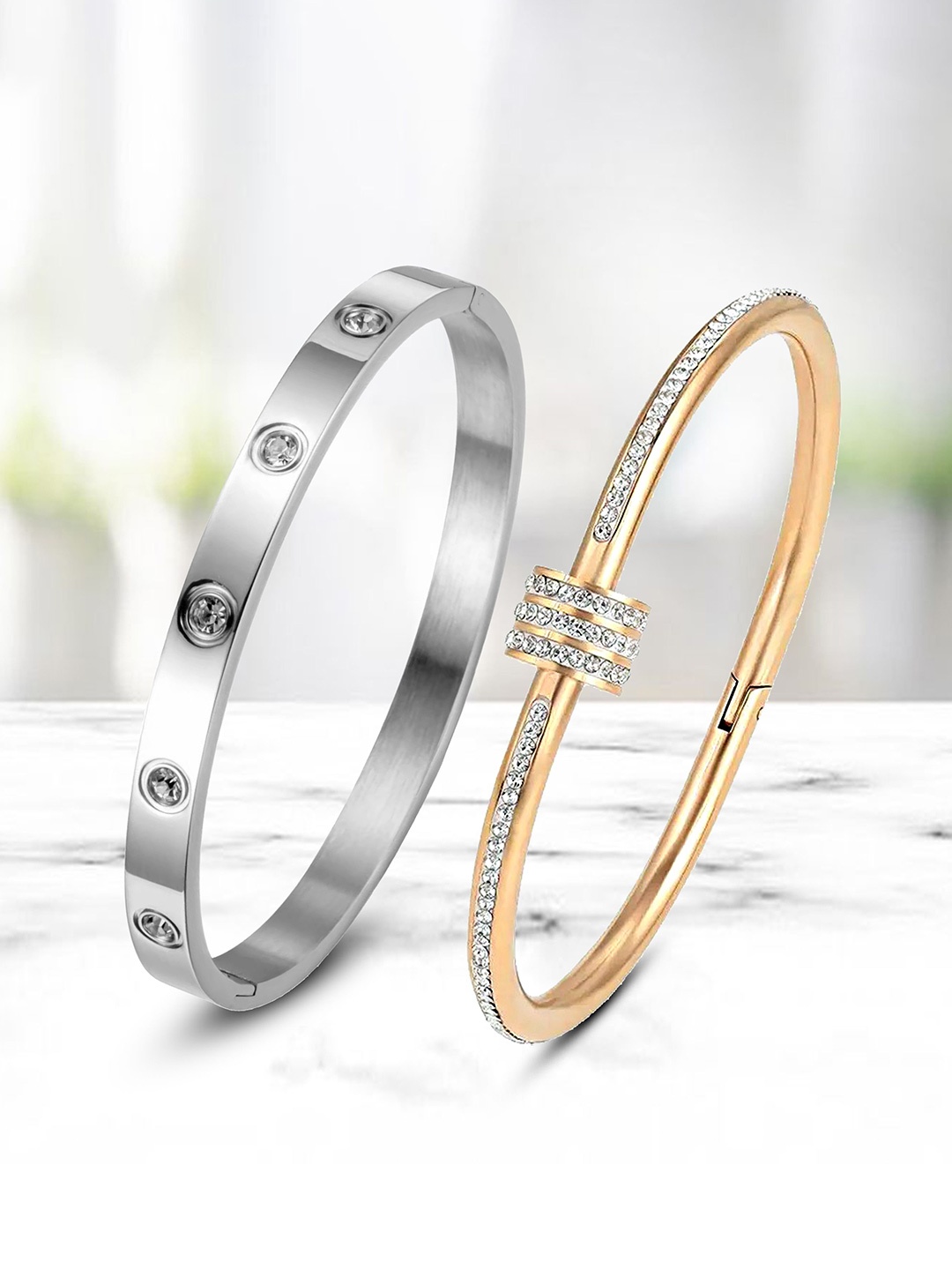 

MEENAZ Set of 2 Silver and Rose Gold-Plated Anti Tarnish CZ- Stone Studded Kada Bracelets