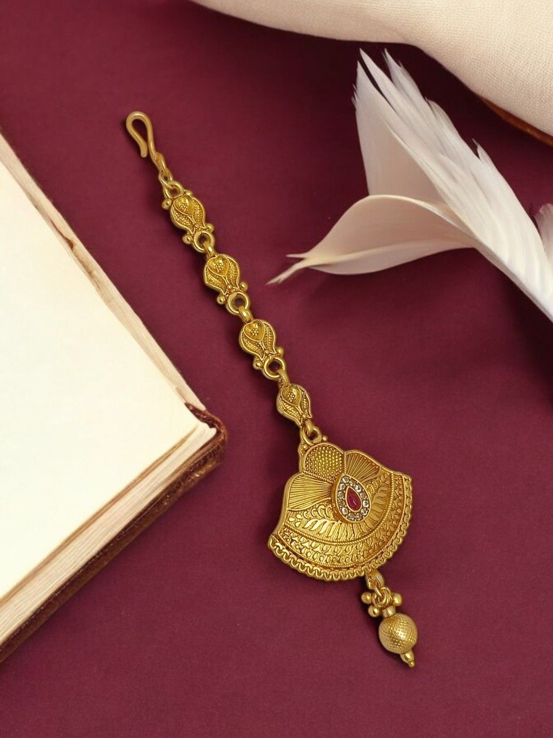 

FEMMIBELLA Gold-Plated American Diamond Studded Maang Tikka Head Jewellery