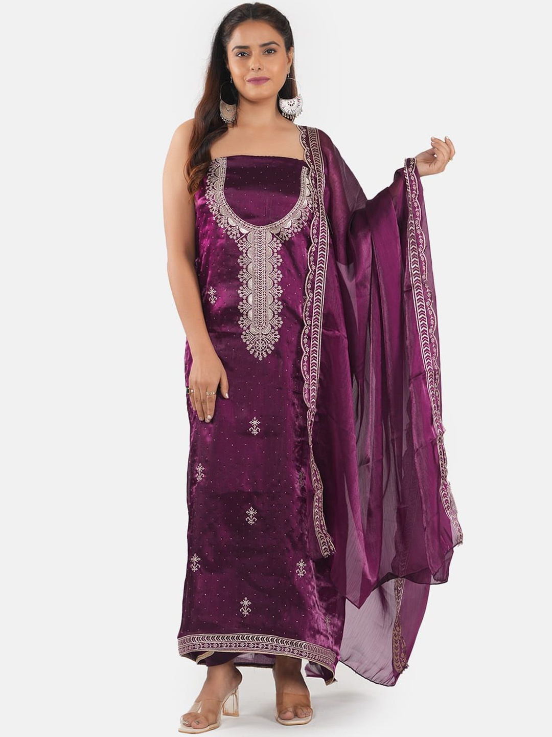 

MOZAFIA Floral Embroidered Unstitched Dress Material, Purple