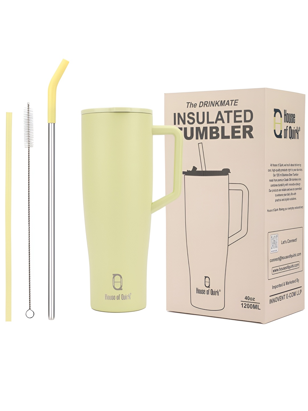 

HOUSE OF QUIRK Lime Green Stainless Steel Tumbler with Handle and 2 Straw Flip Lid 1.2 L