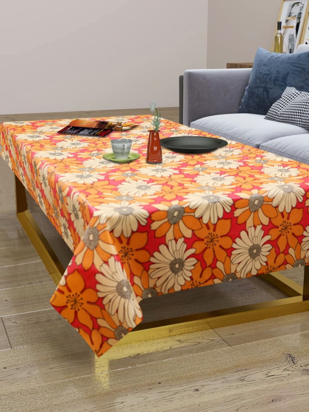 

LooMantha Orange Colored & Cream Colored Floral Printed Waterproof 2-Seater Table Cover