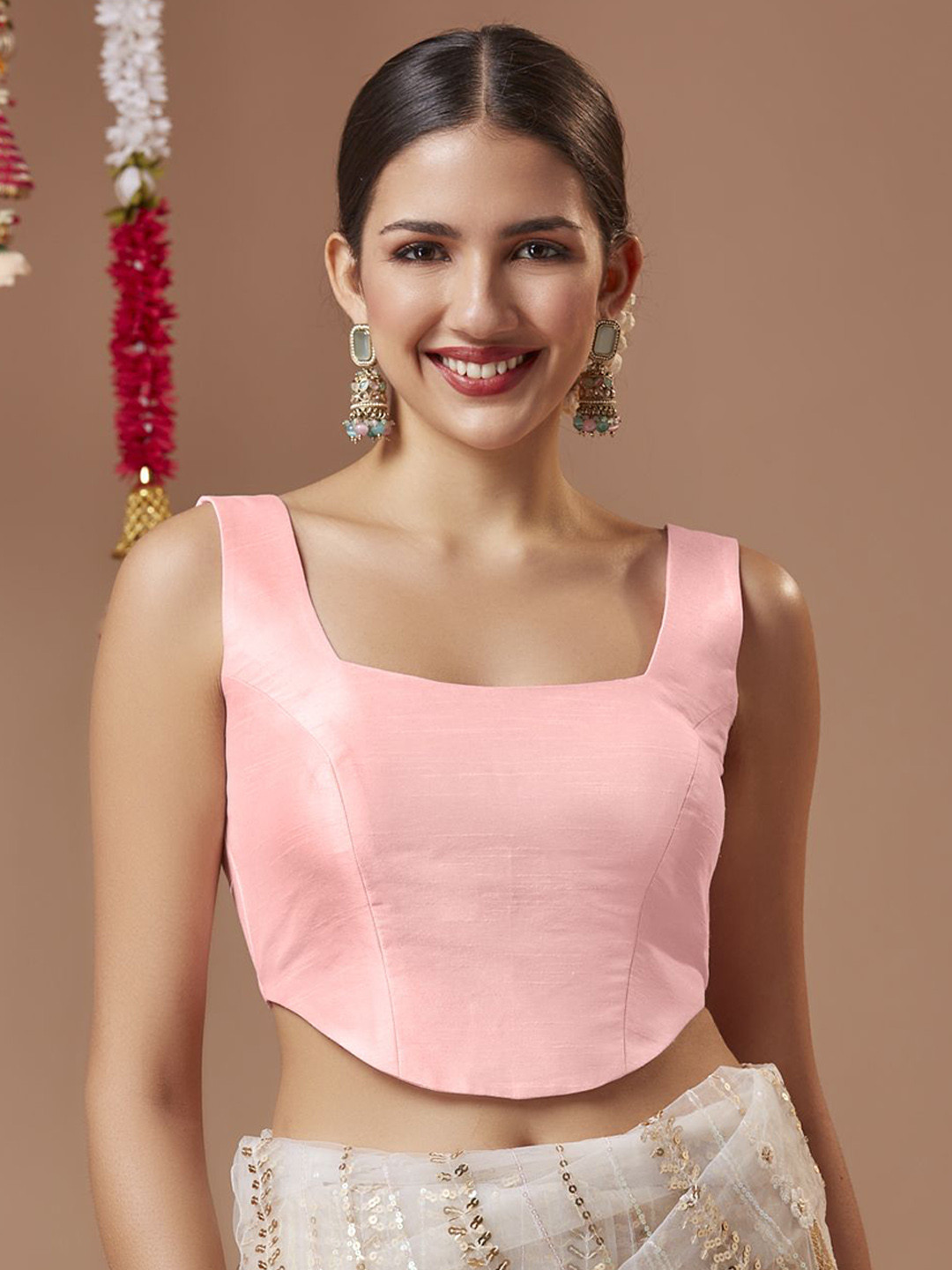 

SALWAR STUDIO Corset-Style Padded Sleeveless Saree Blouse, Pink