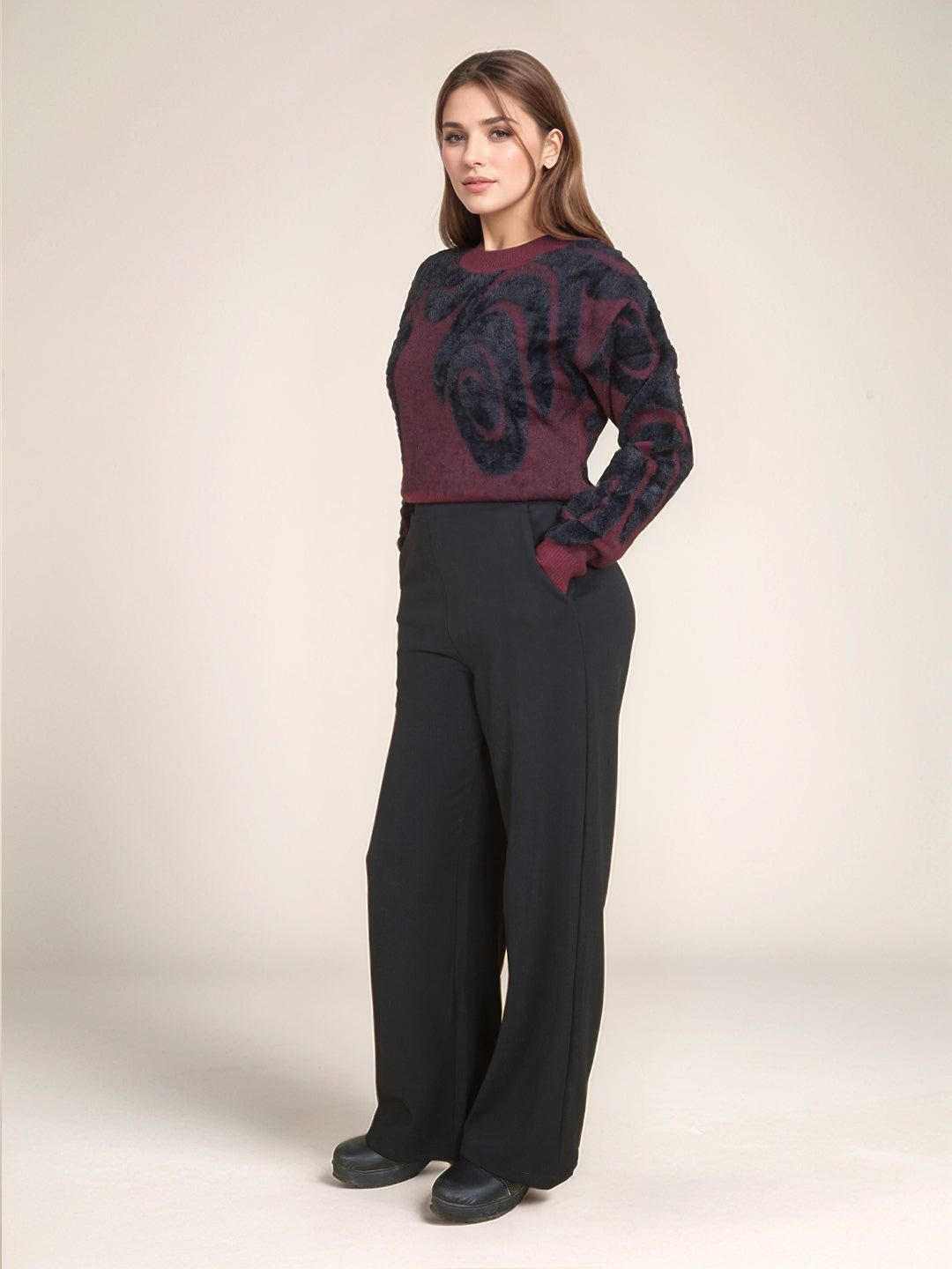 

Zink London Women Printed Round Neck Full Sleeves Pullover Sweater, Maroon