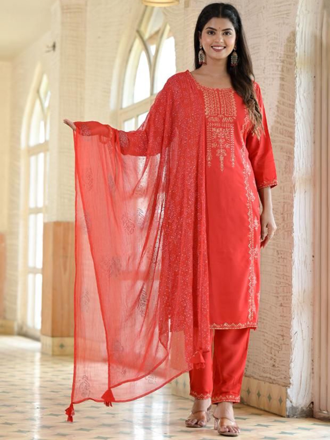 

FLAVIA CREATION Ethnic Motifs Printed Regular Straight Kurta with Trousers & Dupatta, Orange