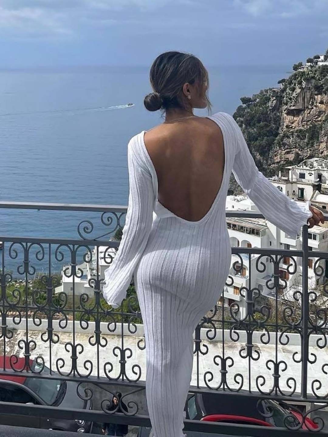 

HERE&NOW Women Bell Sleeve Bodycon Maxi Dress, White
