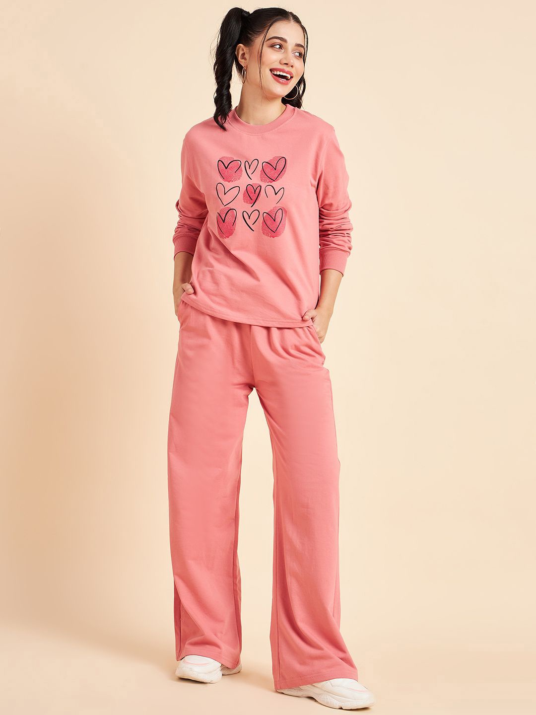 

Fabway Clothing Graphic Printed Round Neck T-Shirt With Trousers, Pink