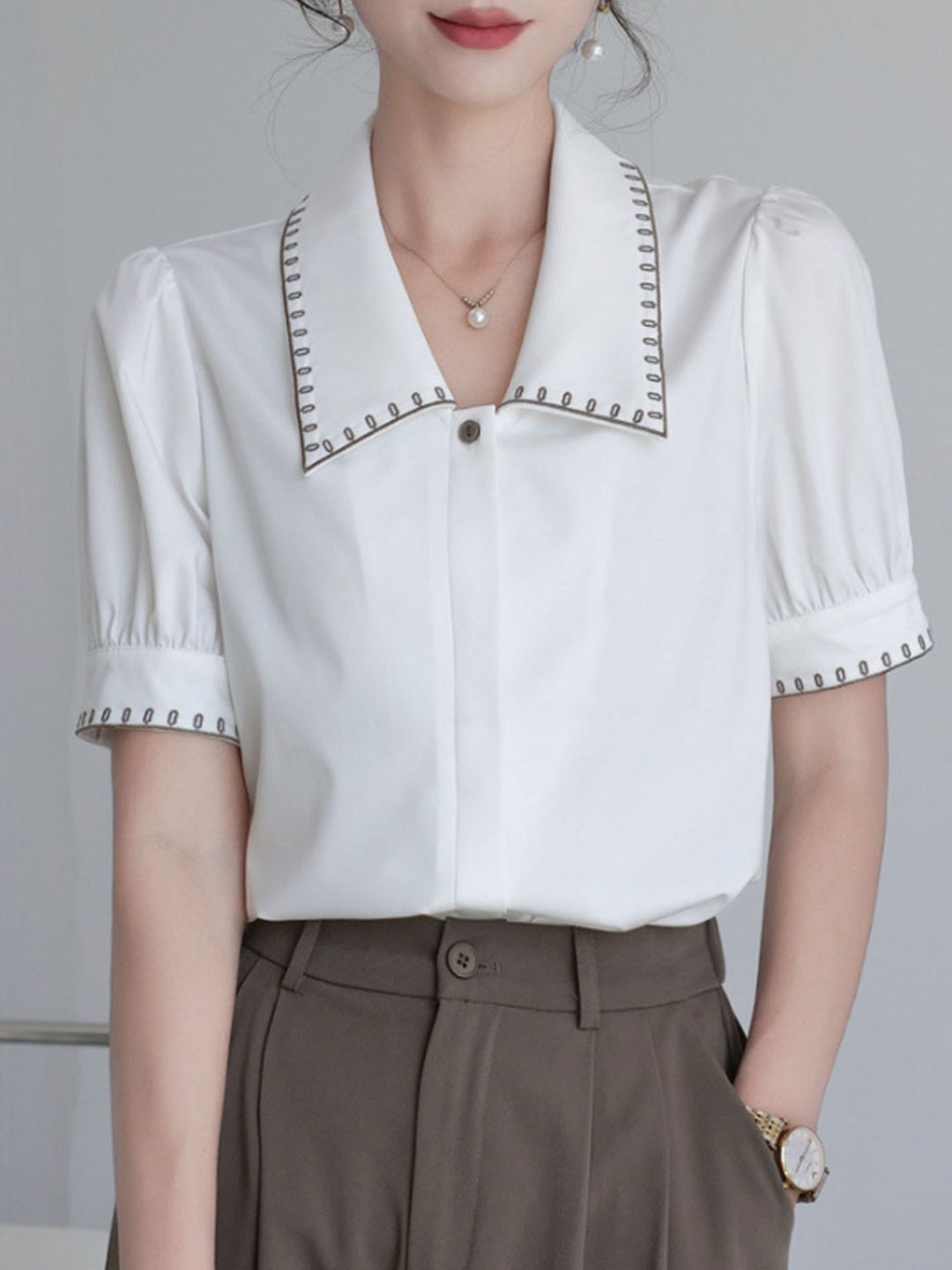 

LULU & SKY Puff Sleeve Shirt Style Top, White