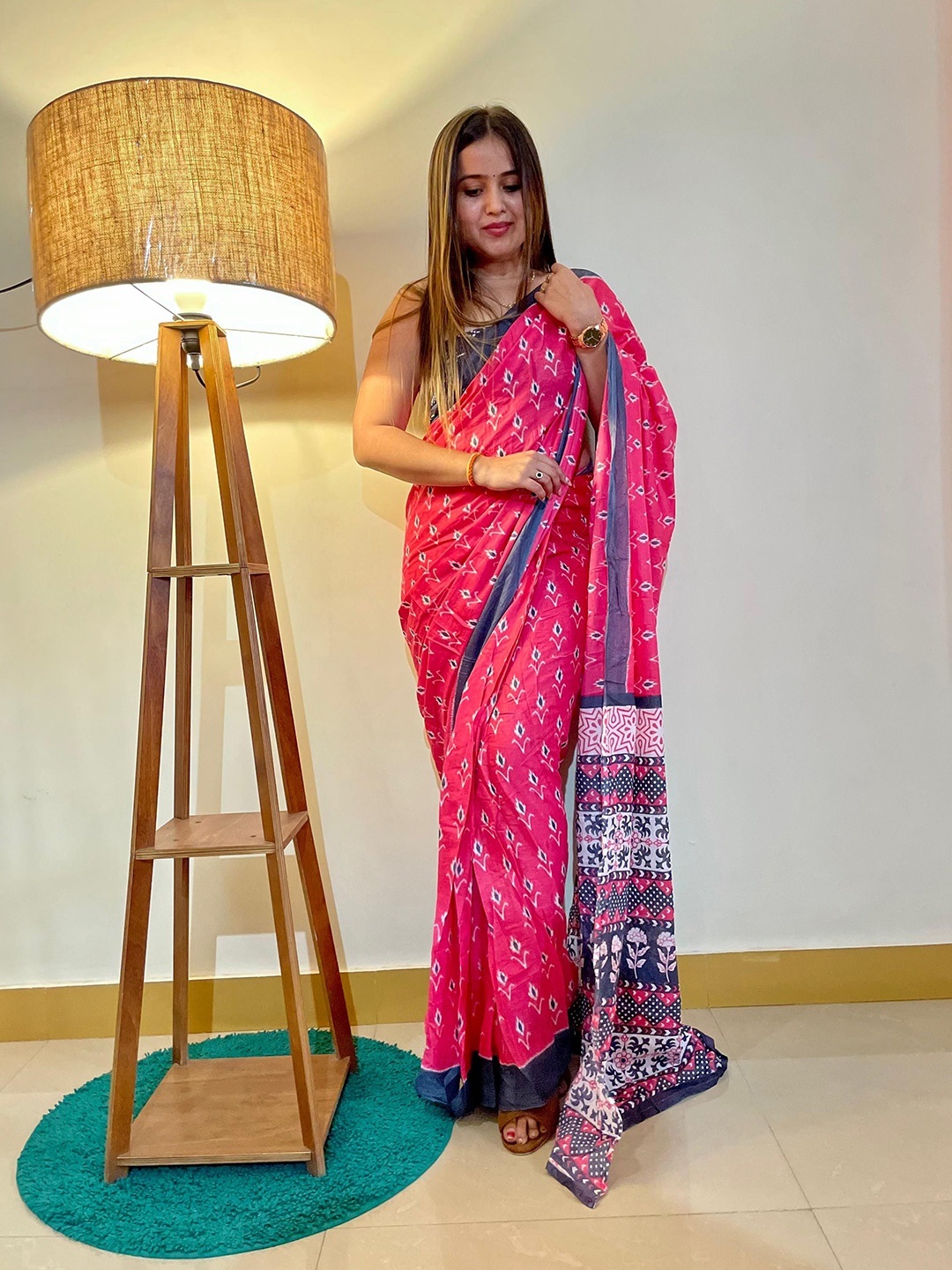 

HERE&NOW Ethnic Motifs Pure Cotton Bagru Saree, Pink