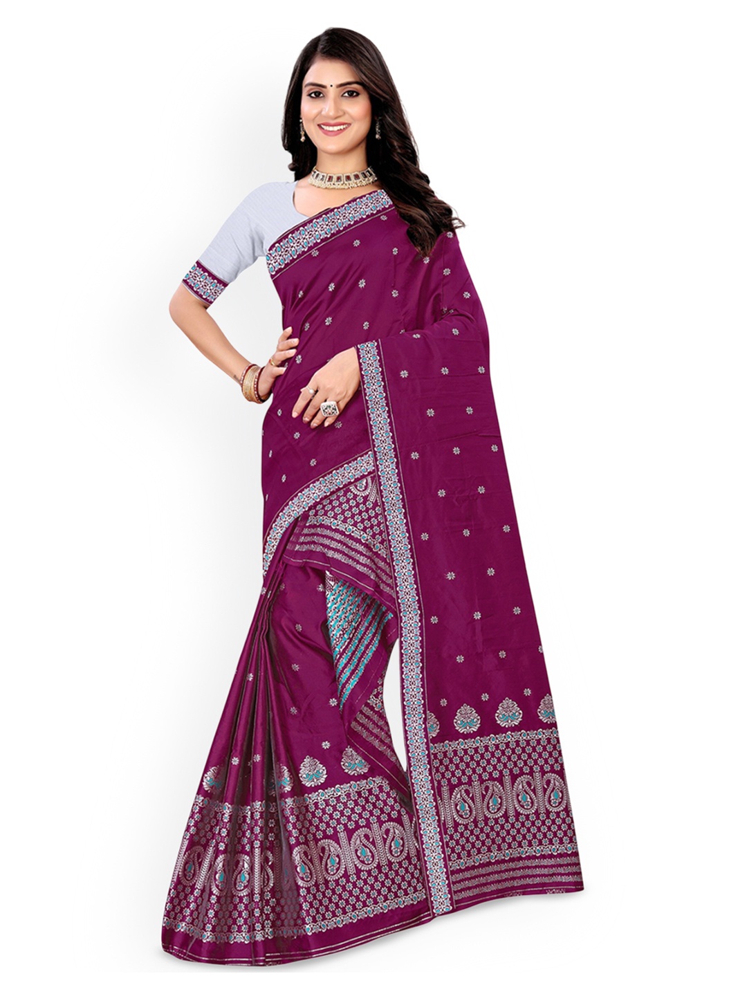 

KAMDAR Women Poly Paat Jura Mekhela Sador Assamese Saree, Burgundy