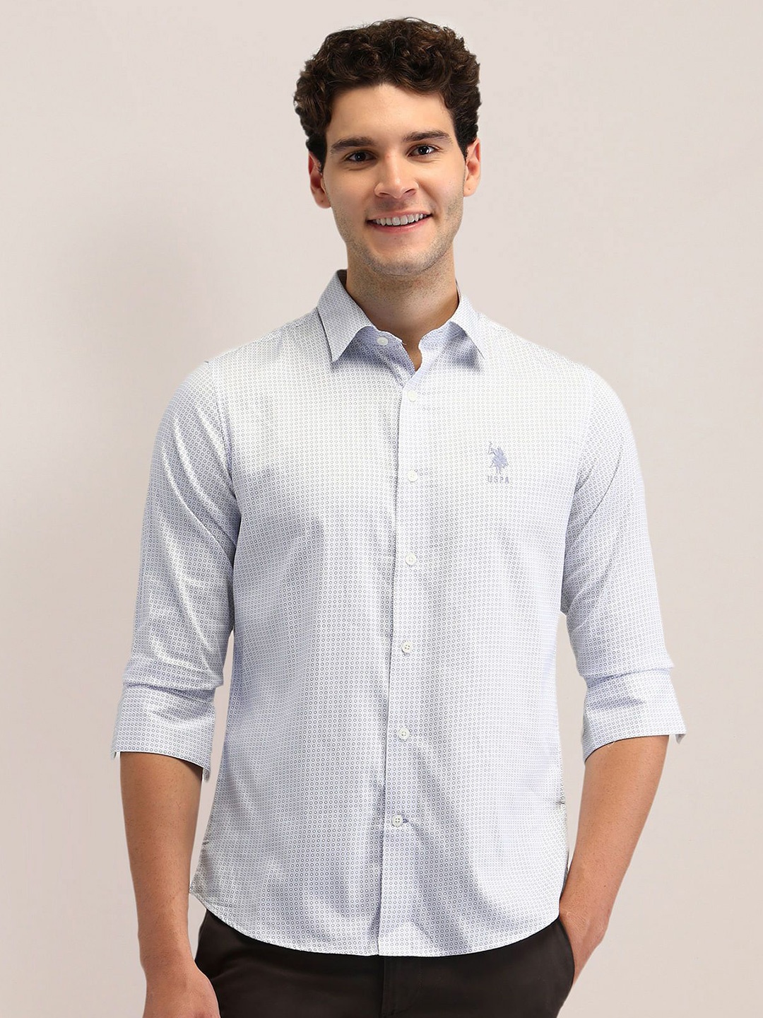 

U.S. Polo Assn. Men Tailored Fit Opaque Printed Formal Shirt, Blue