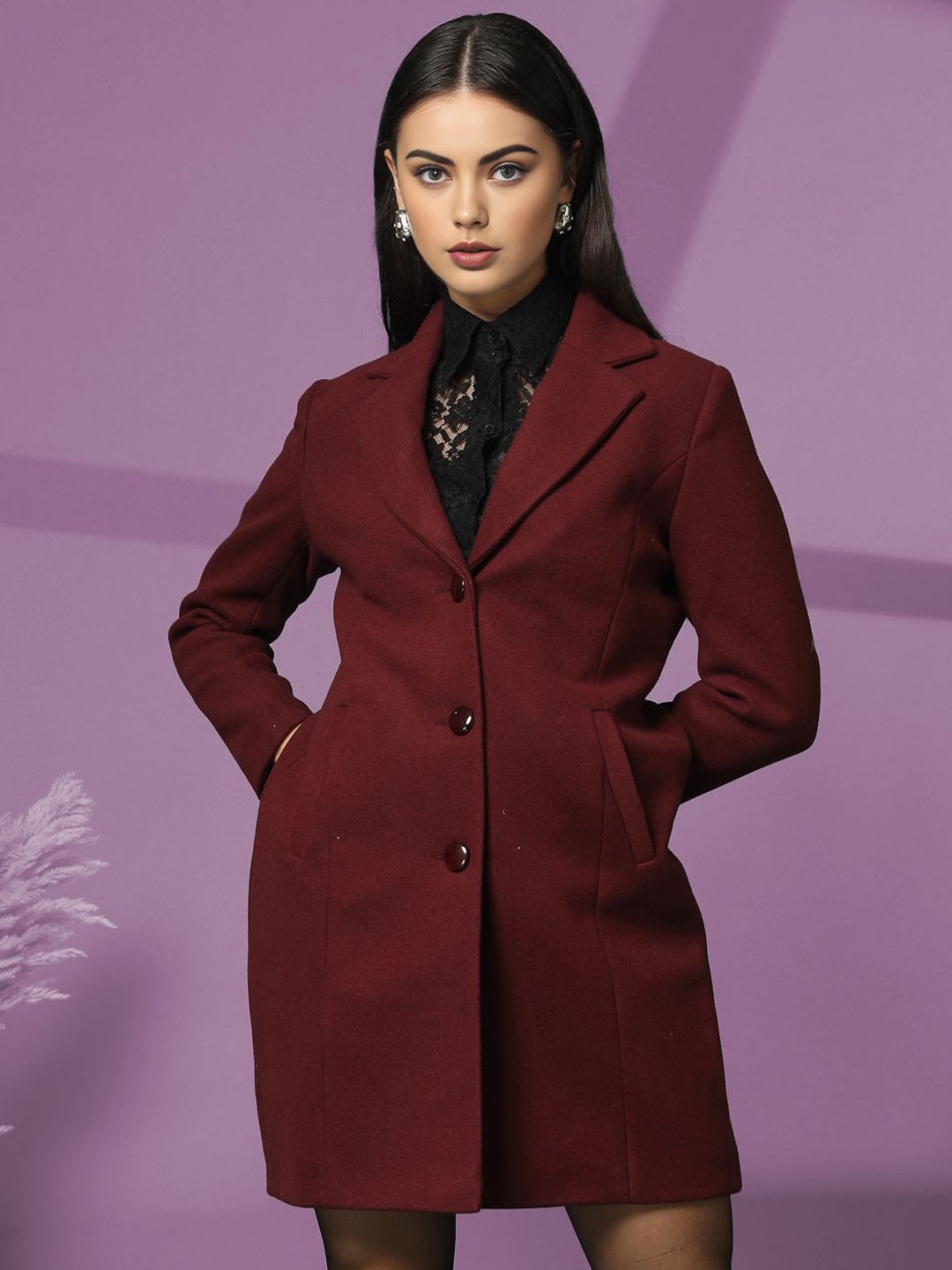 

The Roadster Lifestyle Co. Lapel Collar Single-Breasted Winter Overcoat, Maroon