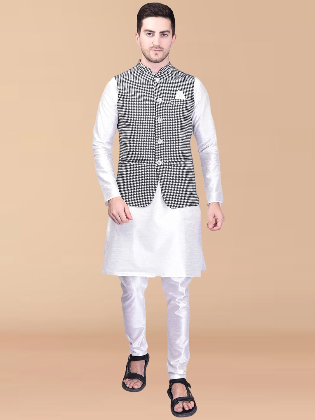 

PRINTINDIA Mandarin Collar Long Sleeves Regular Pure Silk Kurta & Trouser & Nehru Jacket, White