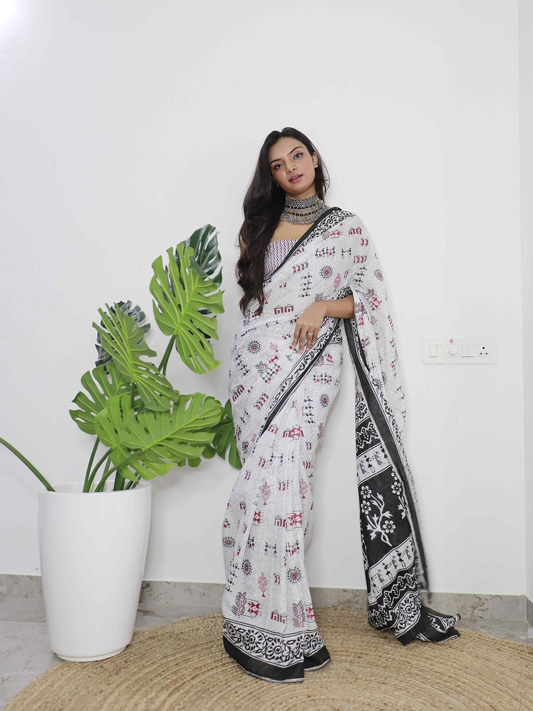 

HERE&NOW Pure Cotton Bagru Saree, White