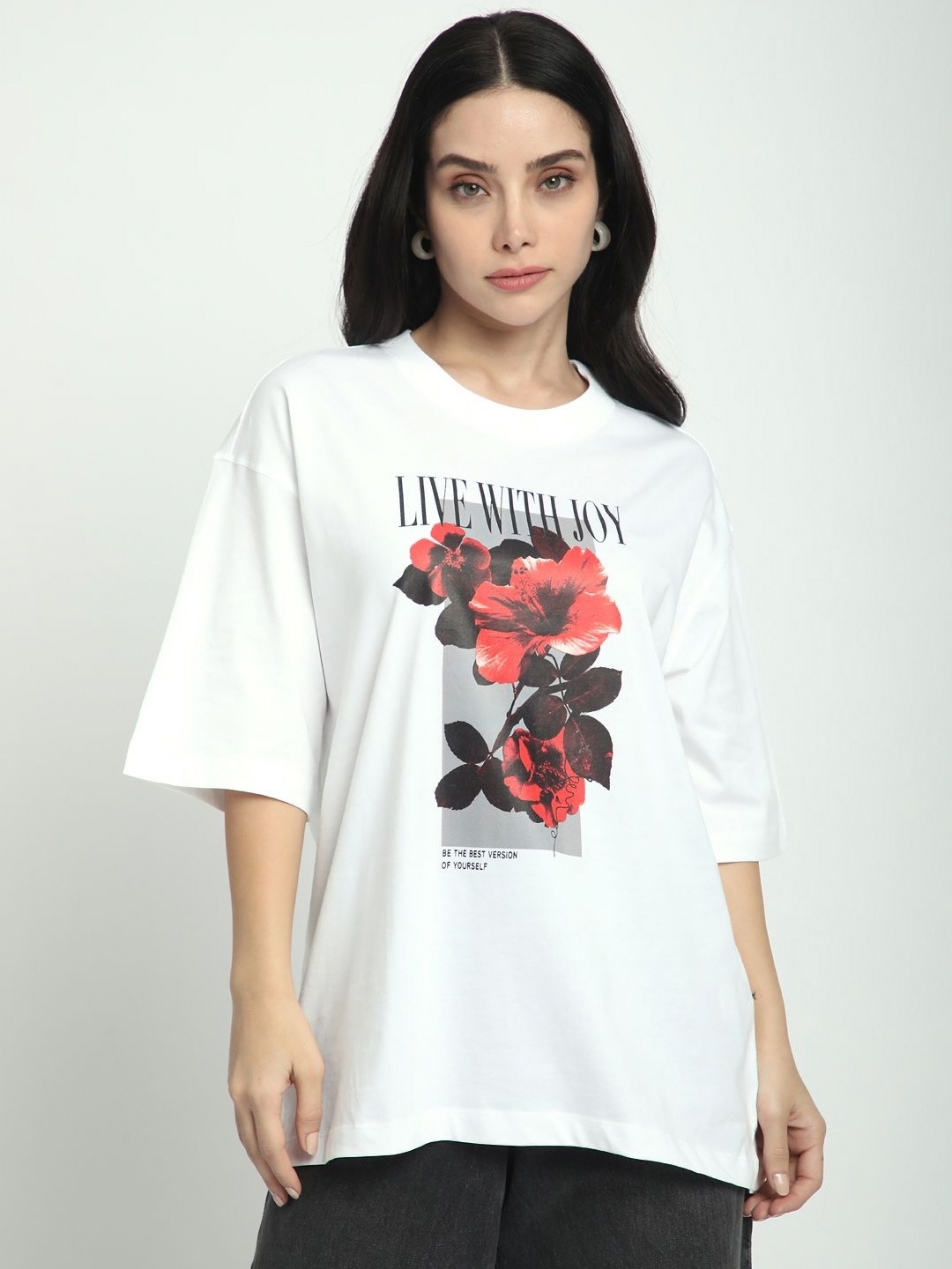 

R&B Women Floral Printed Oversized Short-Sleeves Casual T-shirt, White