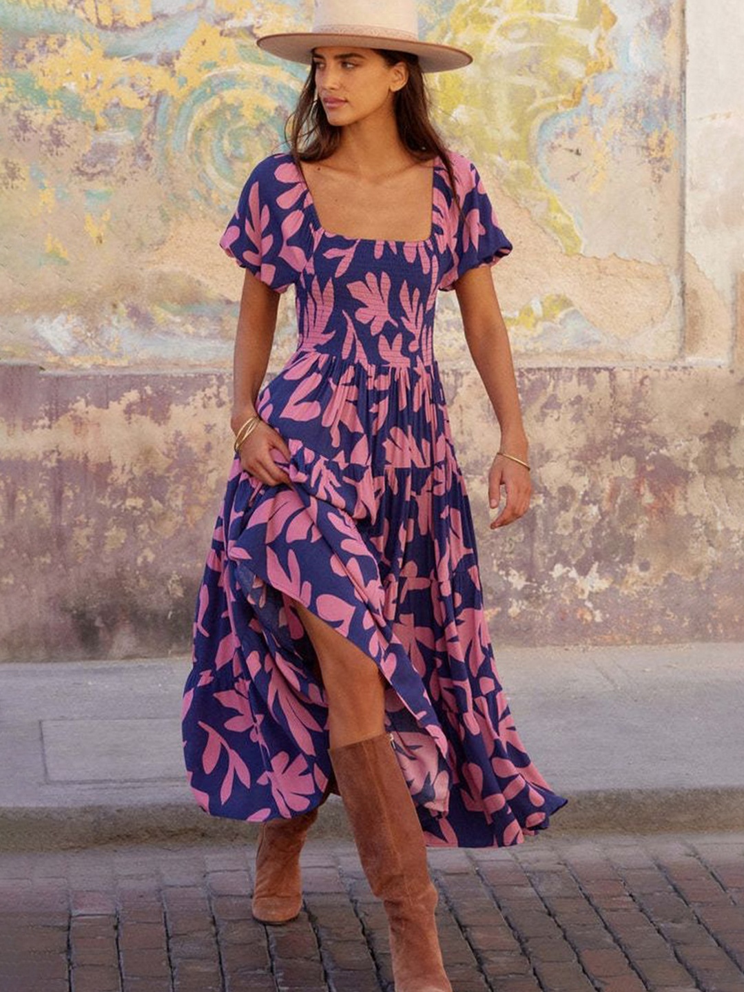 

LULU & SKY Print Flutter Sleeve Fit & Flare Dress, Blue