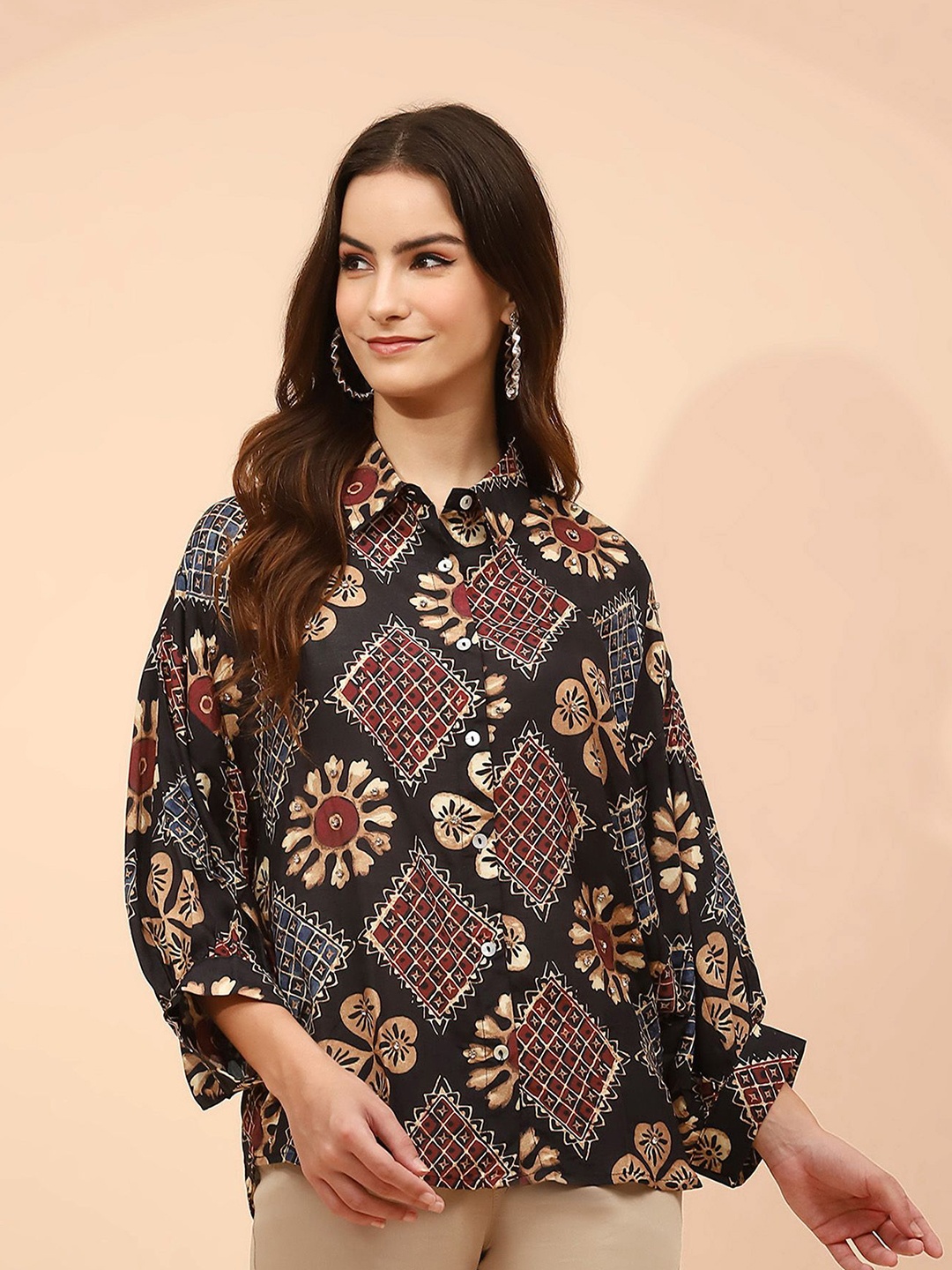 

Me&I Shirt Collar Printed Tunic, Black