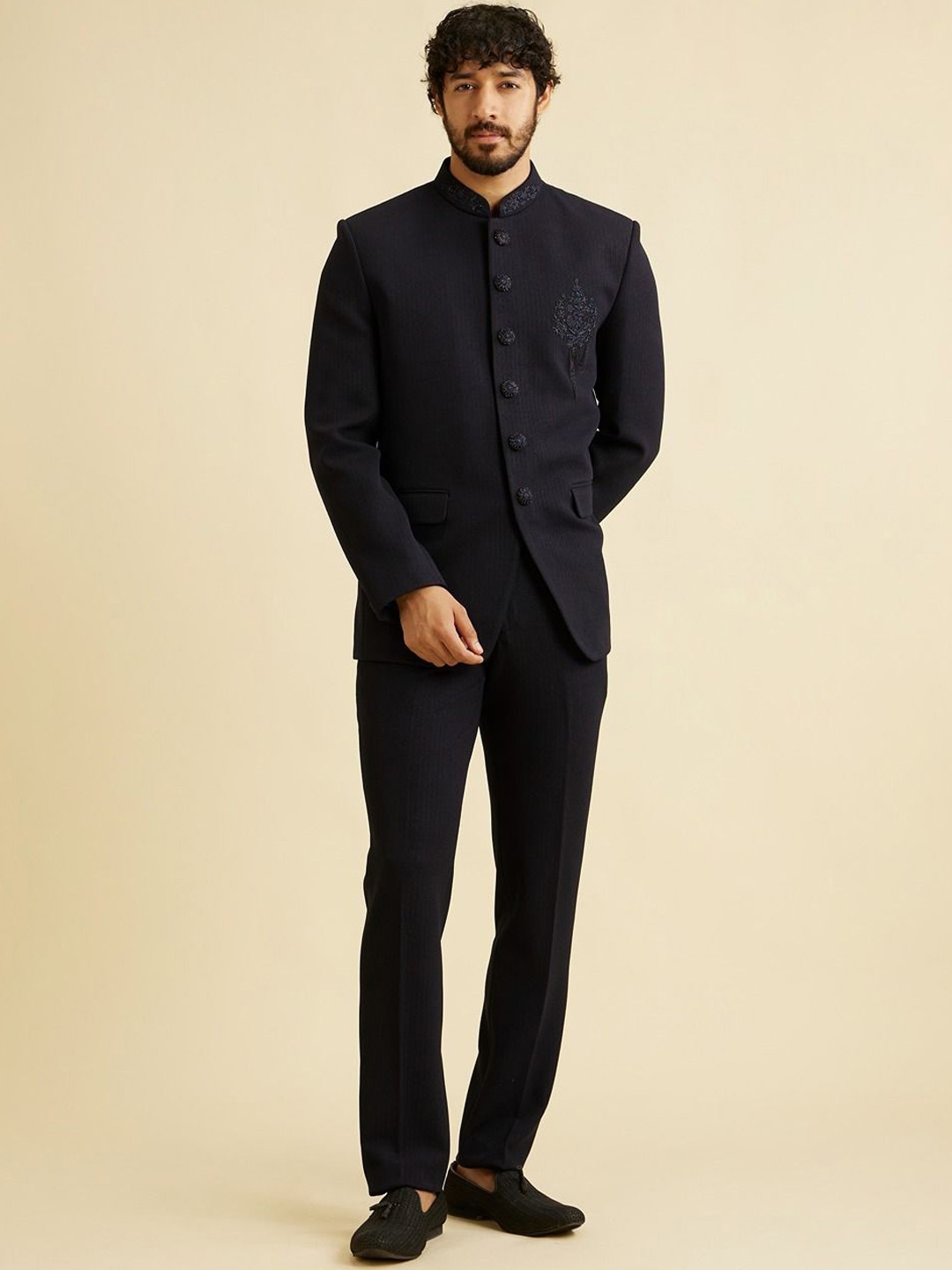 

Manyavar Embroidered Mandarin Collar Suits, Blue