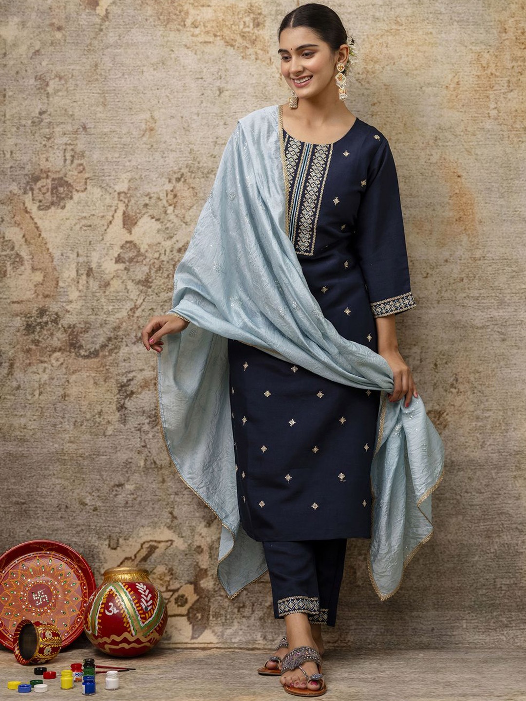 

VredeVogel Women Ethnic Motifs Embroidered Regular Thread Work Kurta with Trousers & With Dupatta, Navy blue
