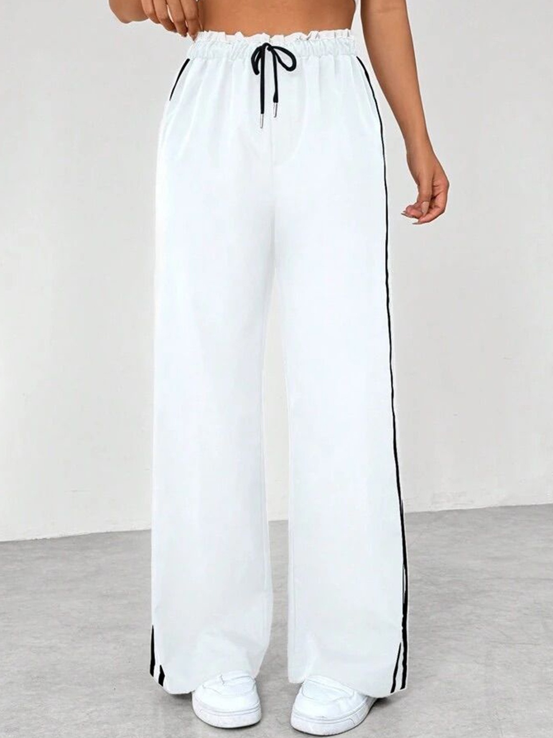 

SAAHASAM Women Striped Relaxed Loose Fit Trousers, White
