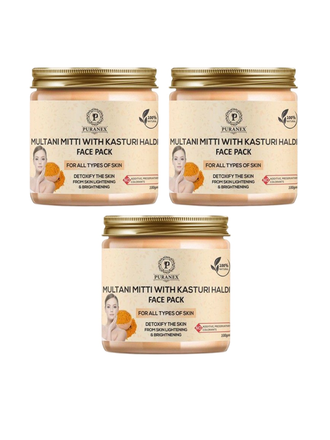 

Puranex Set Of 3 100% Kasturi Haldi With Multani Mitti Powder - 100 gm Each, White