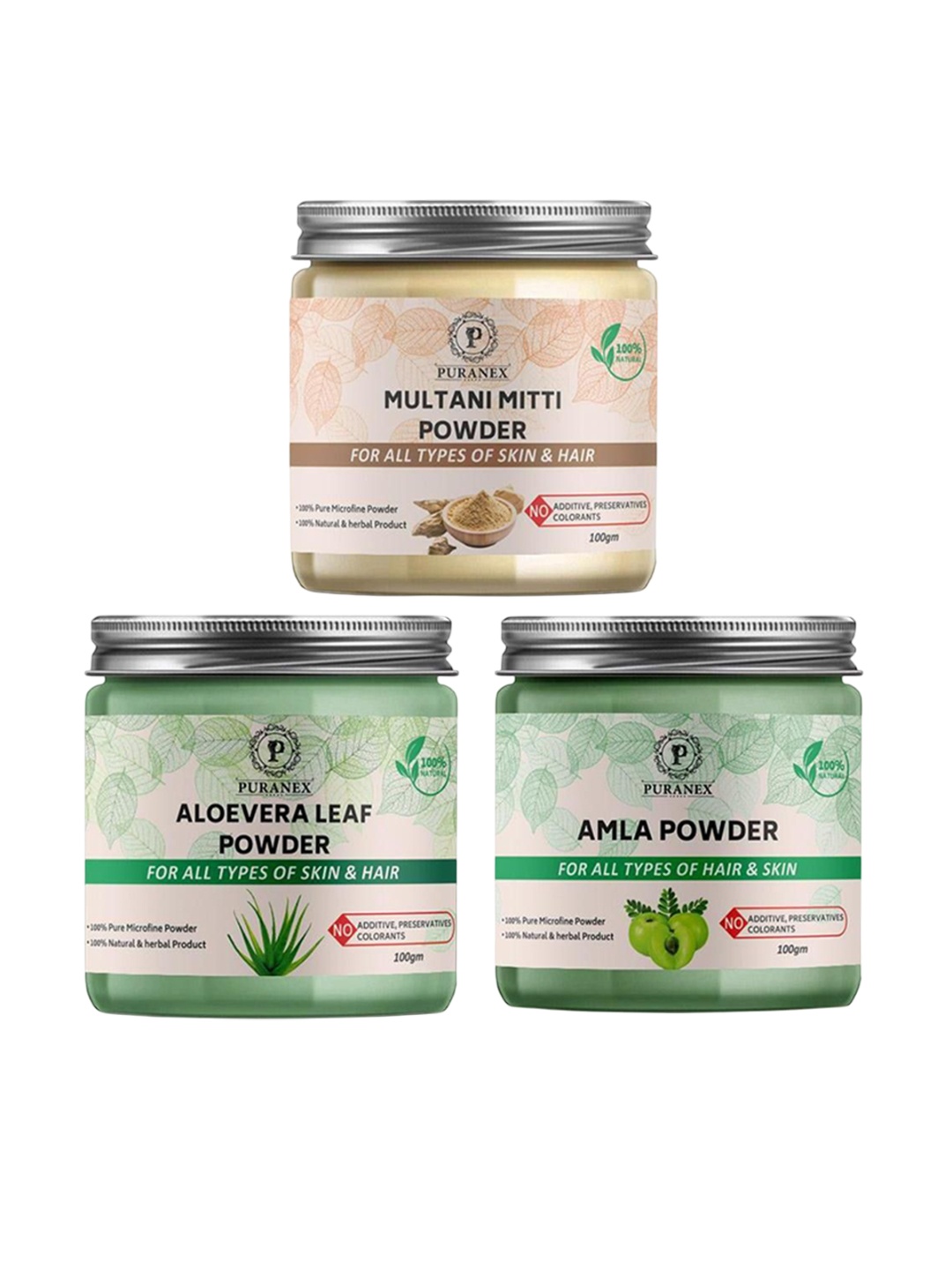 

Puranex 3Pcs 100% Natural & Pure Multani Mitti Amla & Aloevera Leaf Powder - 100 gm Each, White