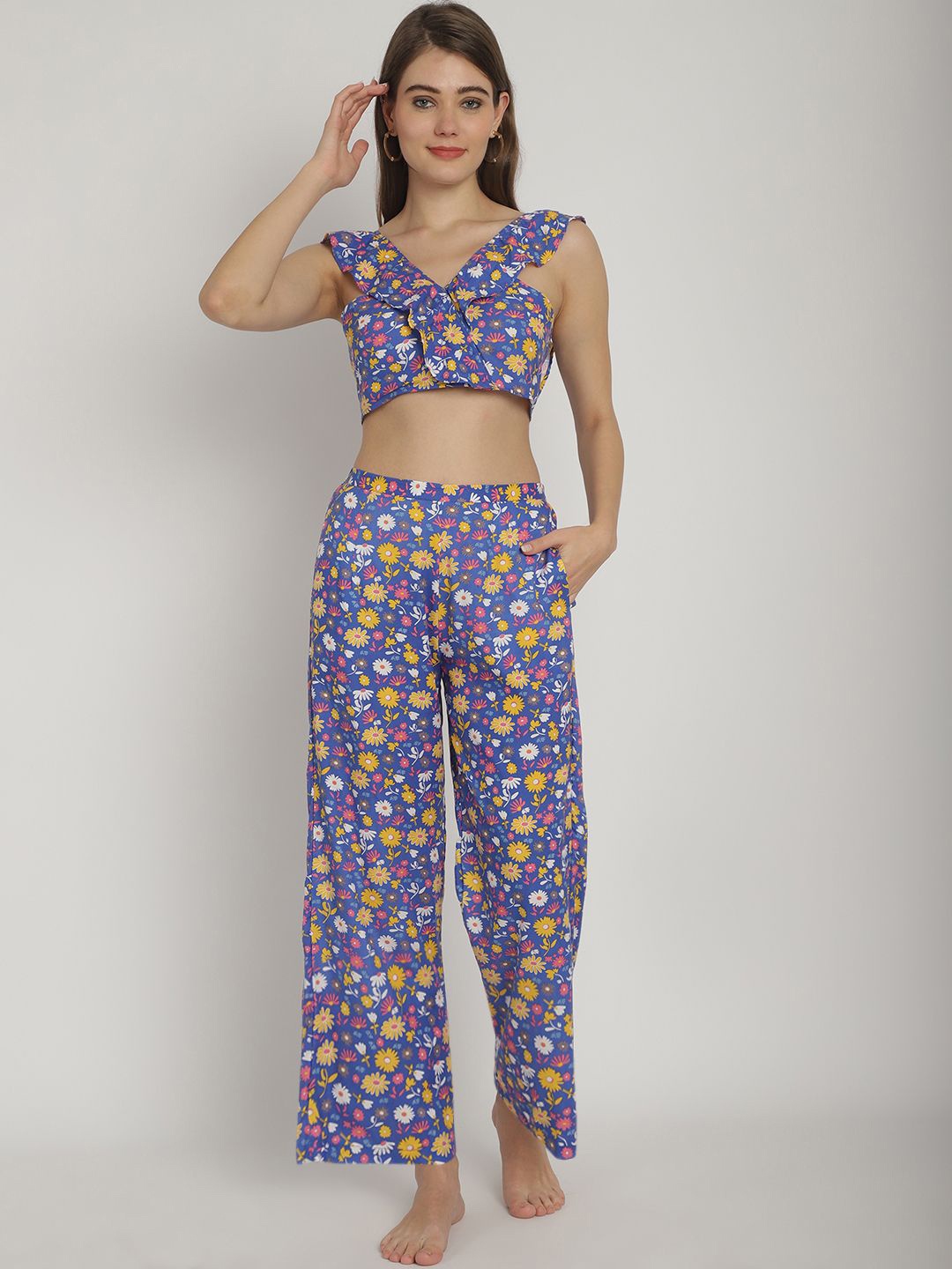 

Blissence Floral Printed Sleeveless Frill Top & Trouser, Blue
