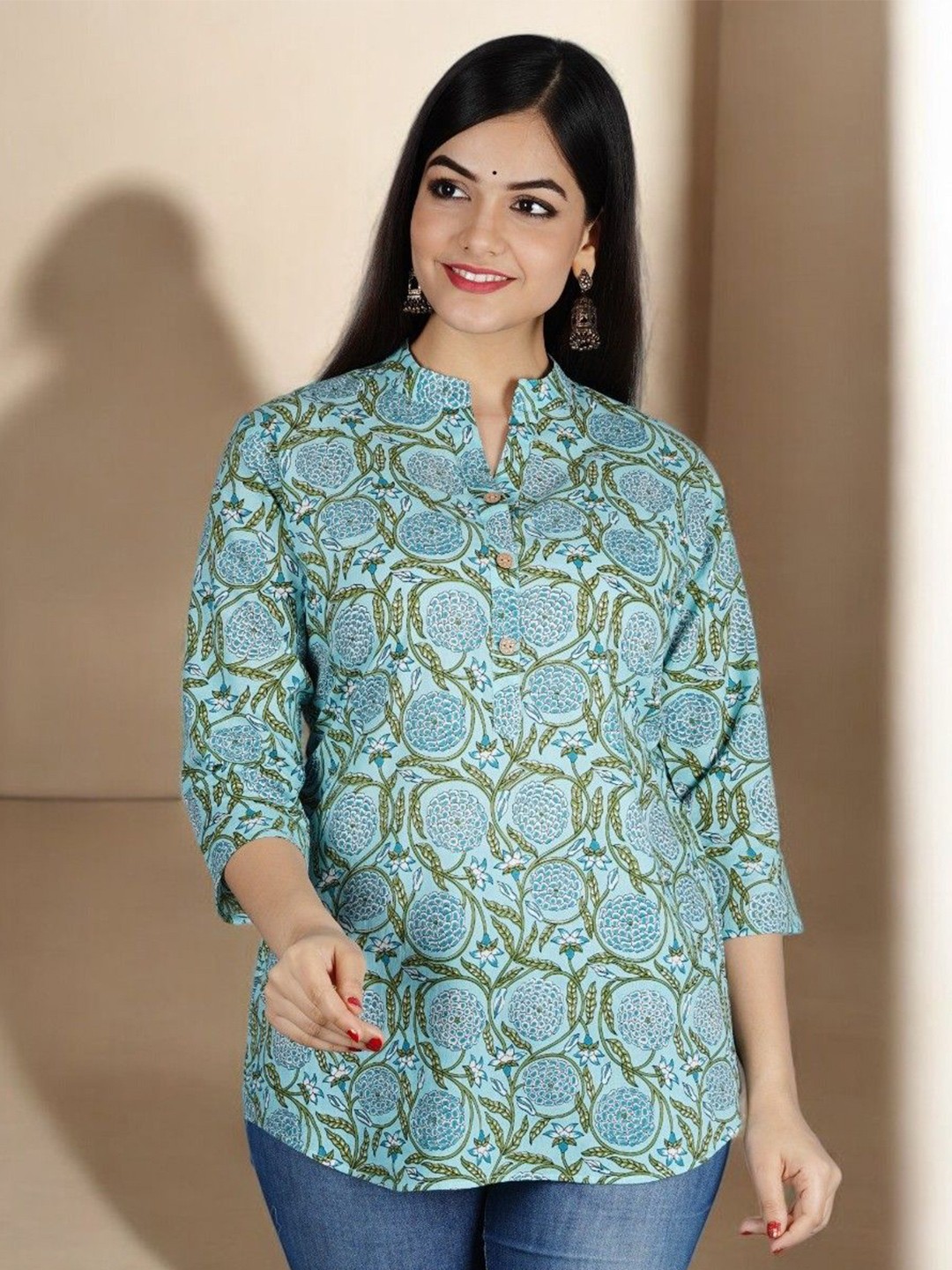 

Bahe Kurtiz Block Printed Mandarin Collar Cotton Top, Blue