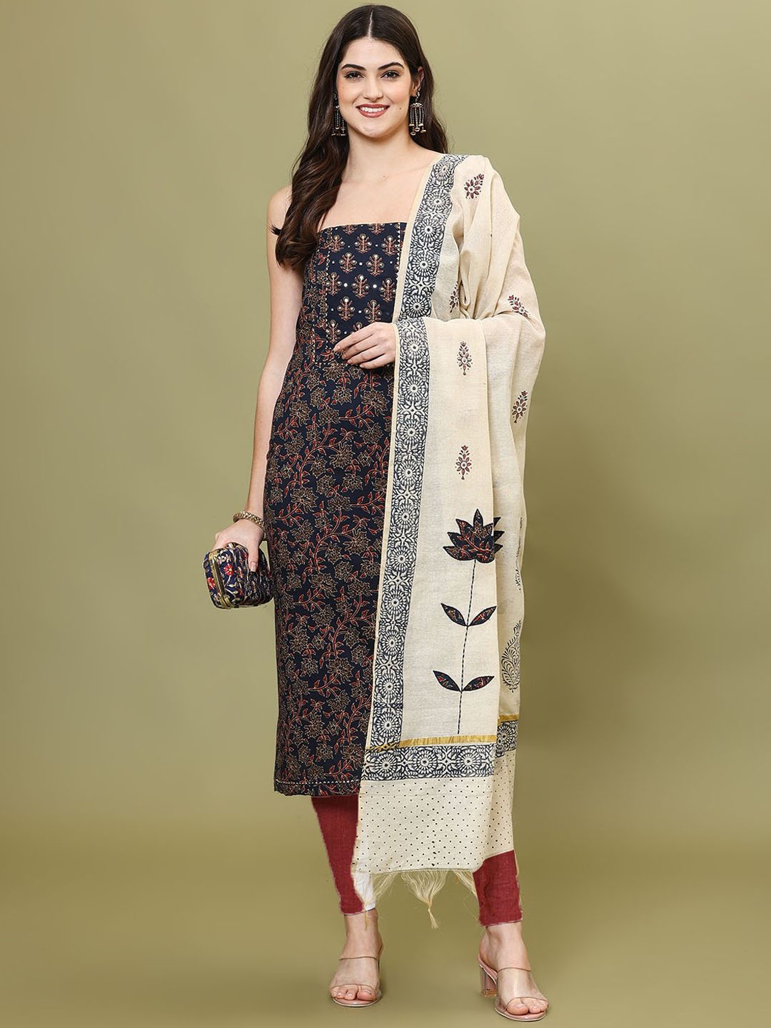 

Meena Bazaar Printed Unstitched Dress Material, Navy blue