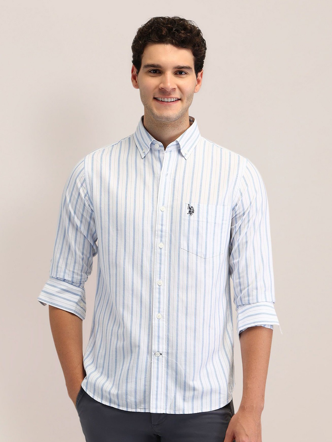 

U.S. Polo Assn. Men Tailored Fit Opaque Striped Formal Shirt, Blue