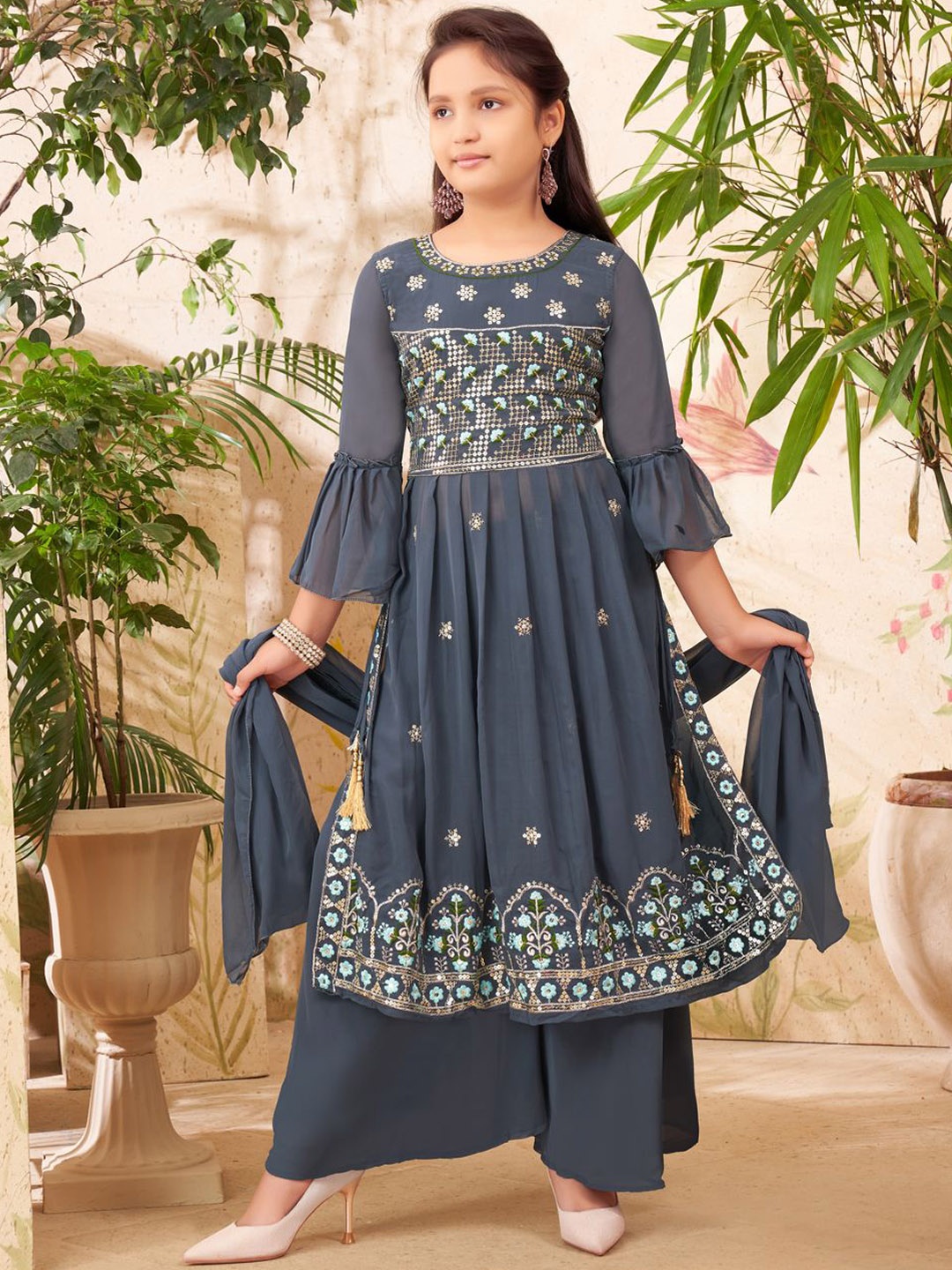 

Sangria Girls Grey Floral Embroidered Georgette A-Line Kurta & Sharara With Dupatta