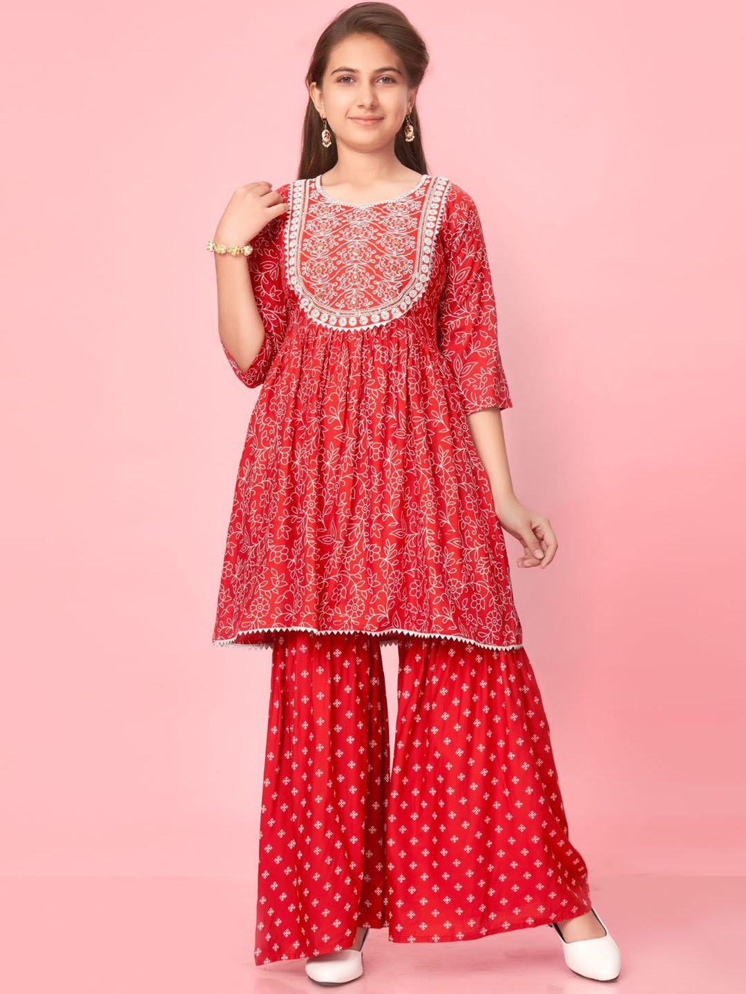 

Sangria Girls Floral Embroidered Sequinned Cotton A-line Kurta with Sharara, Orange