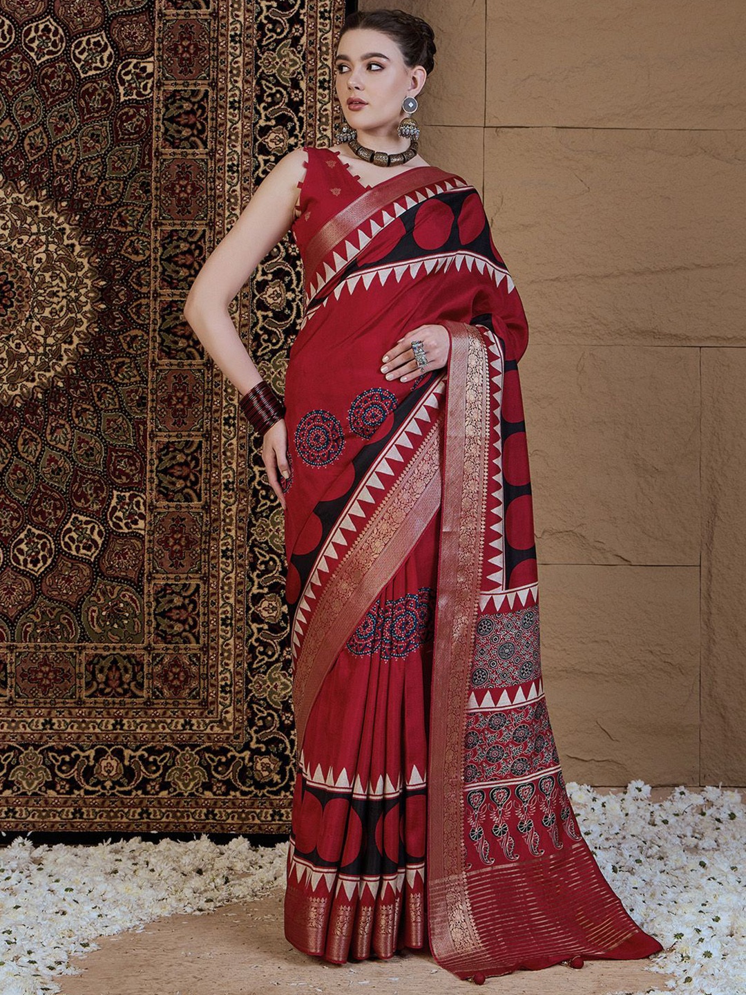 

Anouk Ajrak Block Zari Silk Blend Sungudi Saree, Red