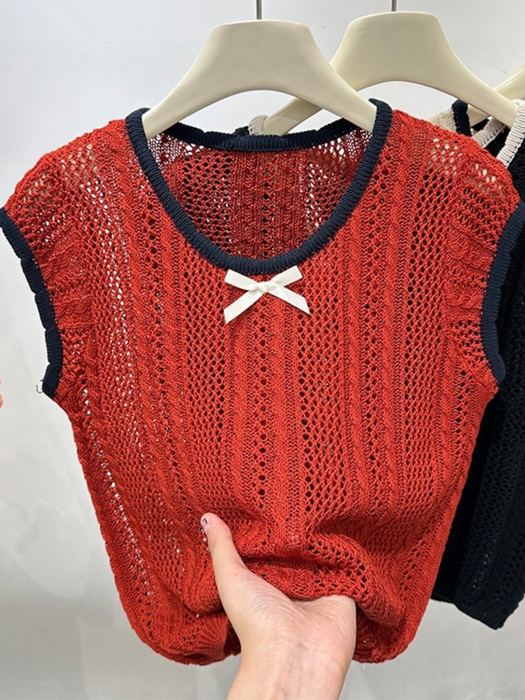 

KPOP Women Round Neck Self Design Top, Red