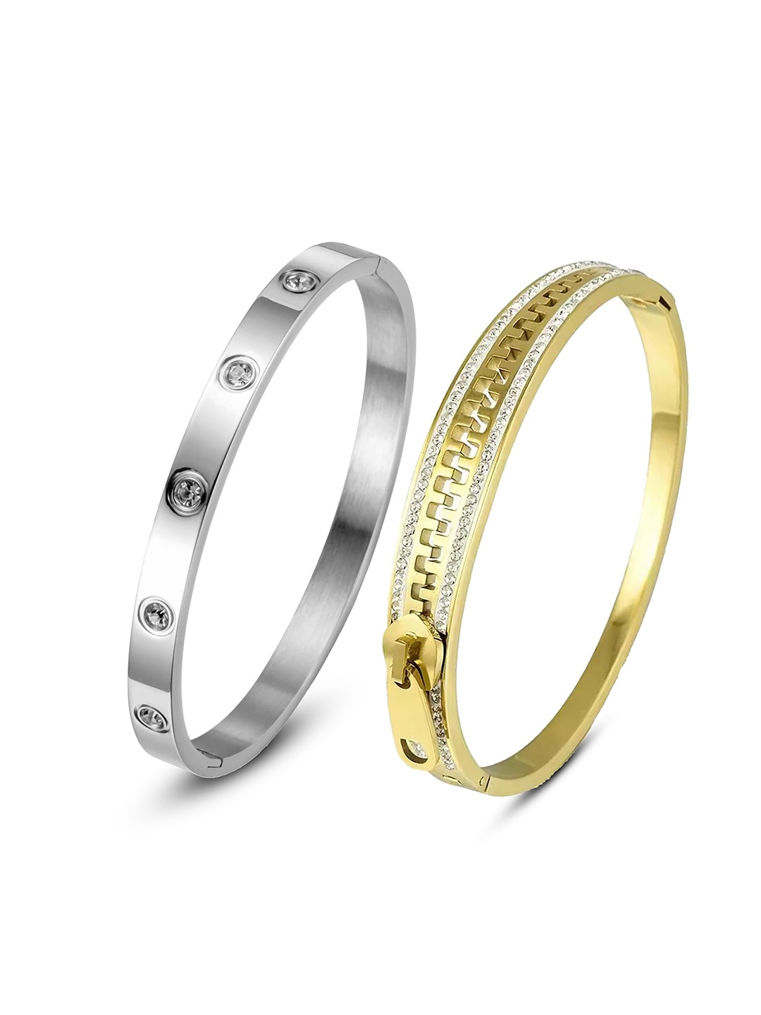 

MEENAZ Set of 2 Silver and Gold-Plated Anti Tarnish CZ-Studded Kada Bracelets