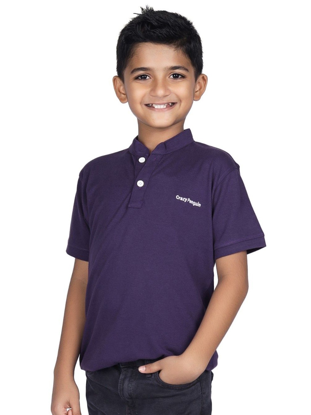 

CRAZYPENGUIN ELITE Boys Solid Mandarin Collar Cotton T-shirt, Purple