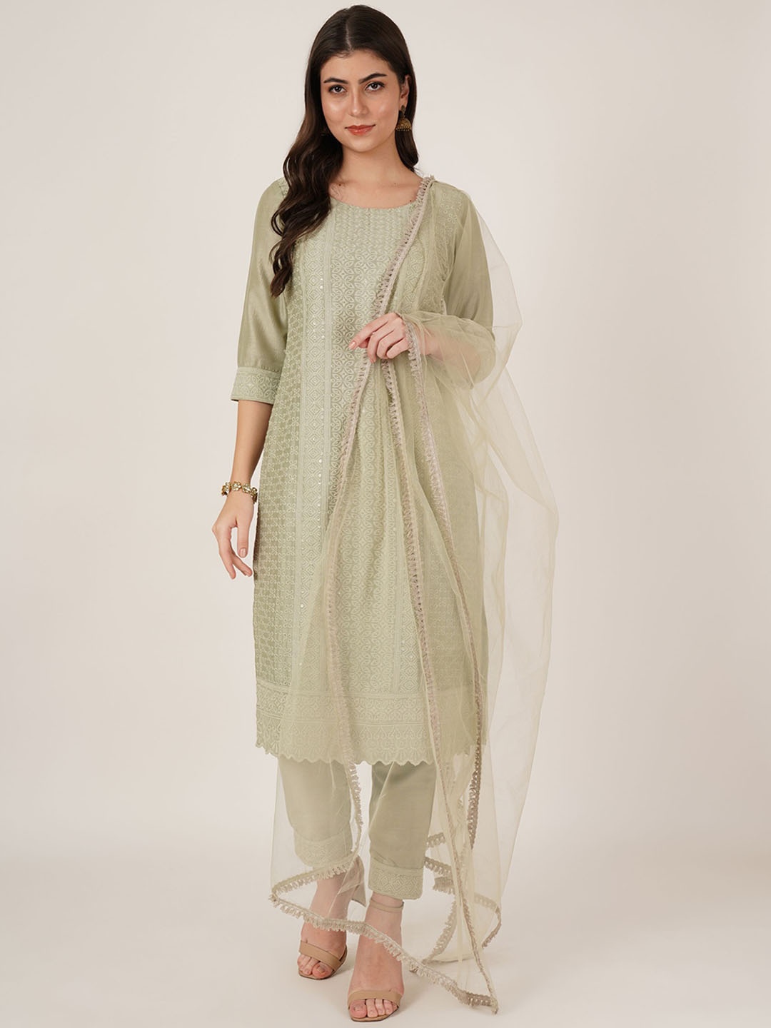 

Shopping Queen Floral Embroidered Straight Kurta with Pyjamas & Dupatta, Green