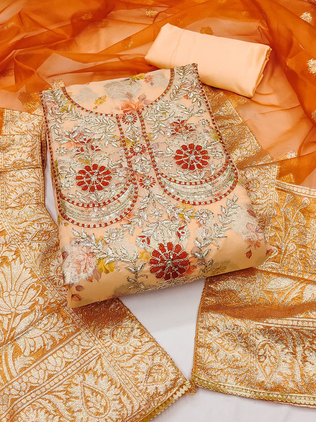 

Maroosh Floral Woven Design Zari Banarasi Jacquard Unstitched Dress Material, Cream