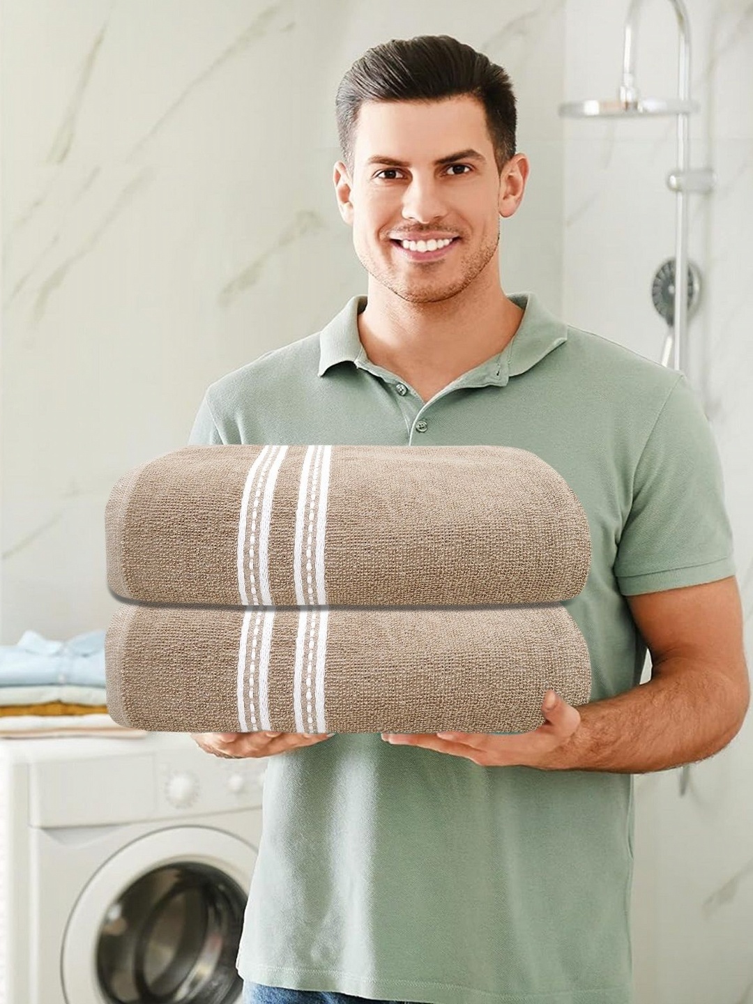 

LADLI JEE Cream & Brown 2 Pieces Striped Pure Cotton 400 GSM Bath Towels