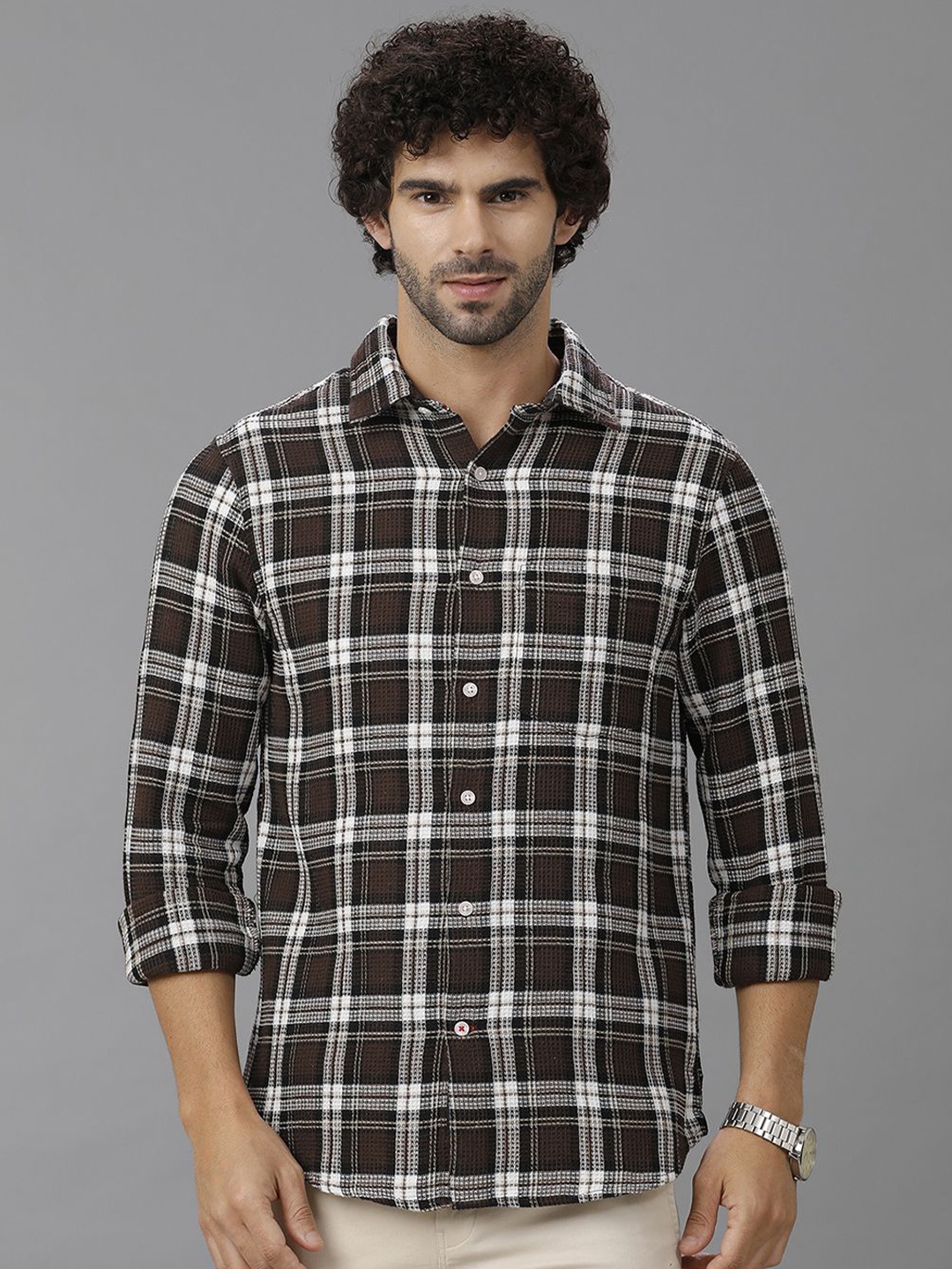 

Double Two Men Comfort Slim Fit Tartan Checks Opaque Checked Casual Shirt, Brown