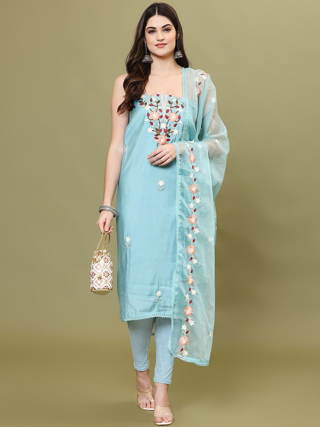 

Meena Bazaar Embroidered Art Silk Unstitched Dress Material, Blue