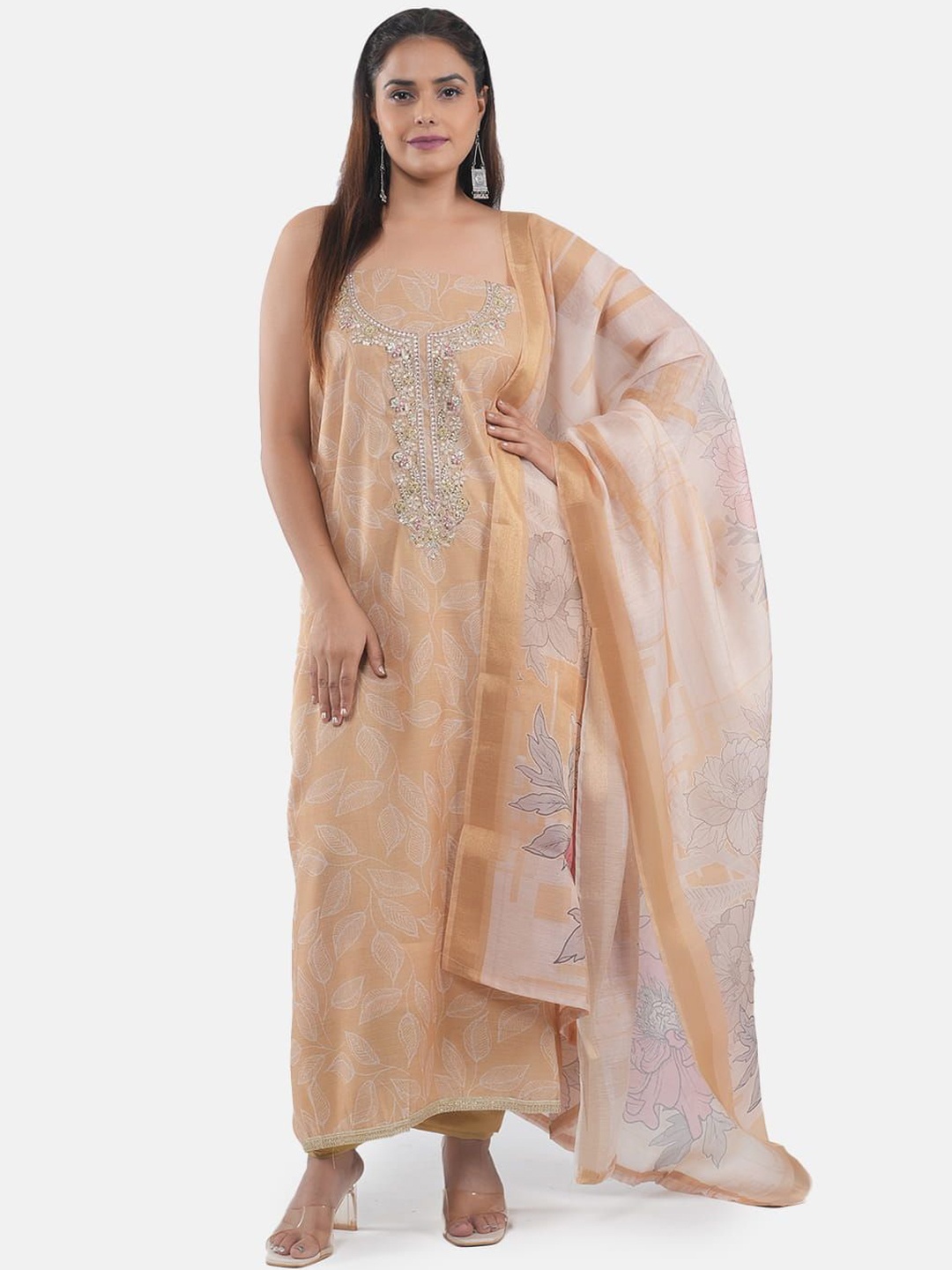 

MOZAFIA Floral Printed Zari Tussar Silk Unstitched Dress Material, Yellow